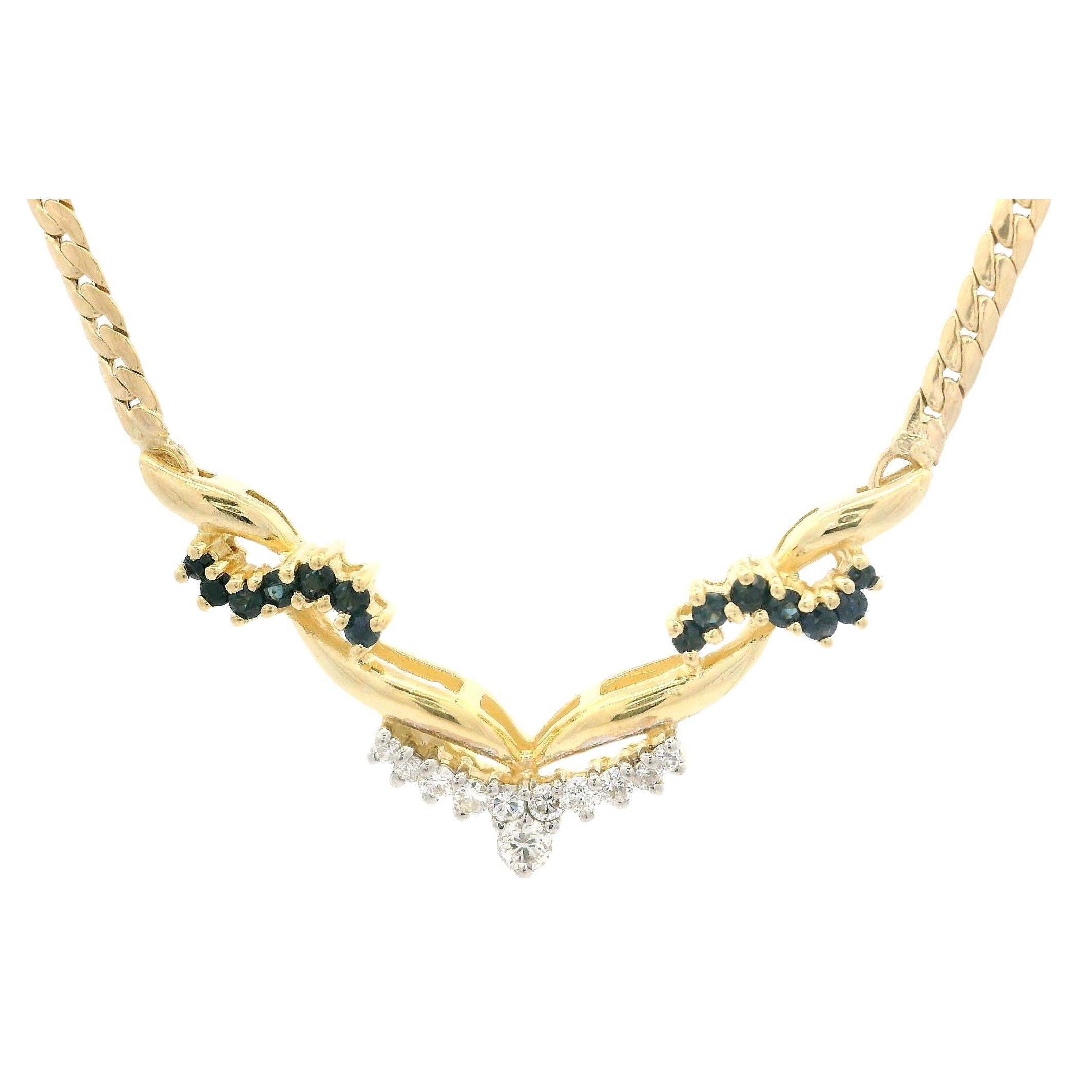 Collier en or jaune 14k 0.76ctw Sapphire Diamond 17" Flat Curb Link V Necklace