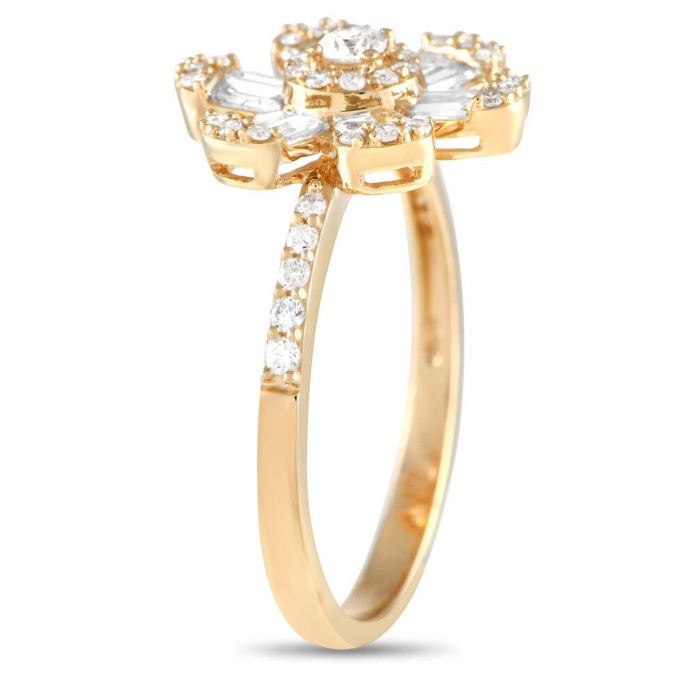 Blooming in grace and beauty, this flower ring will bring the perfect hint of femininity into your wardrobe. It features a narrow shank with diamond-encrusted shoulders. On top of the band is a six-petal flower centerpiece detailed with a