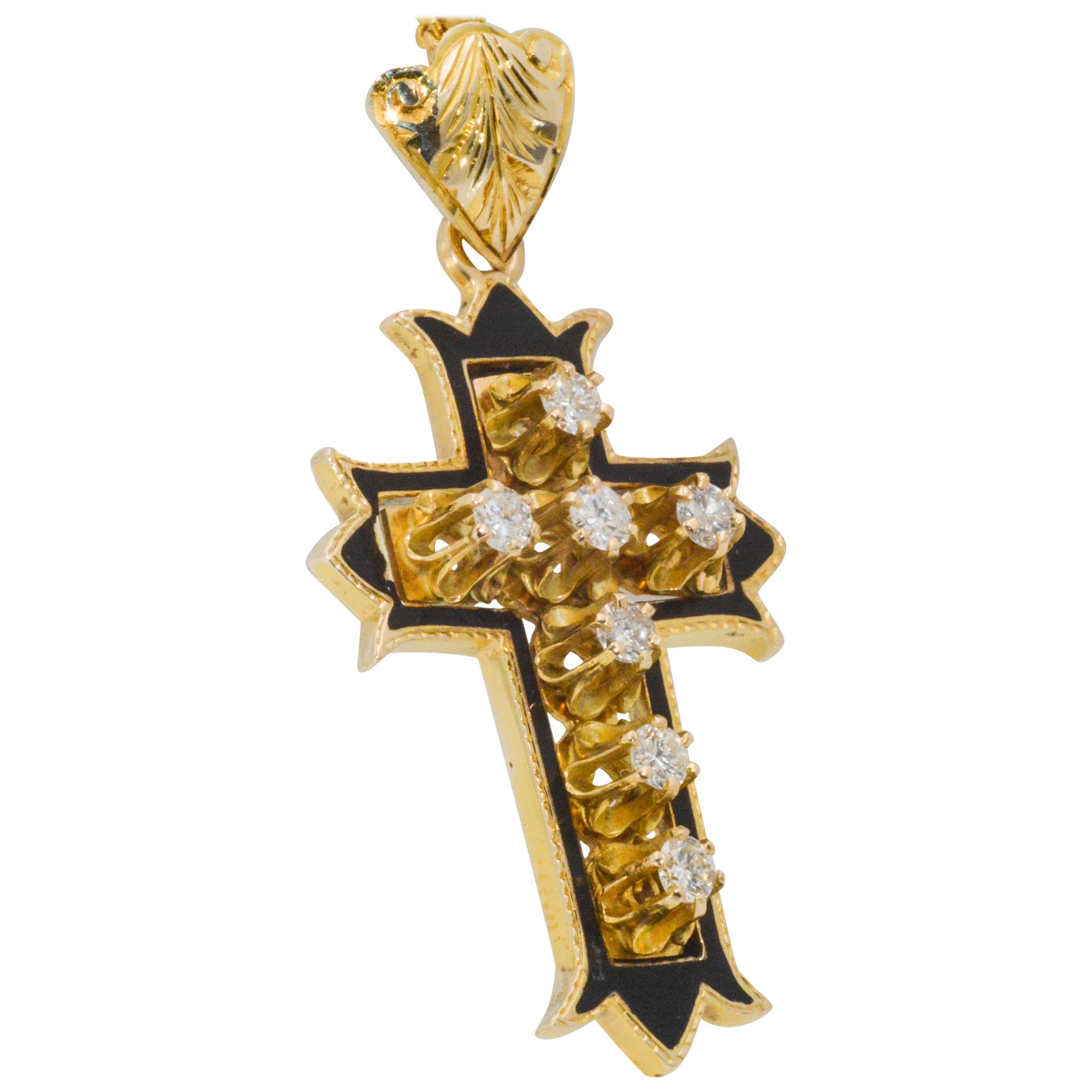 14K Yellow Gold 0.80 Carat Diamond Victorian Cross Pendant