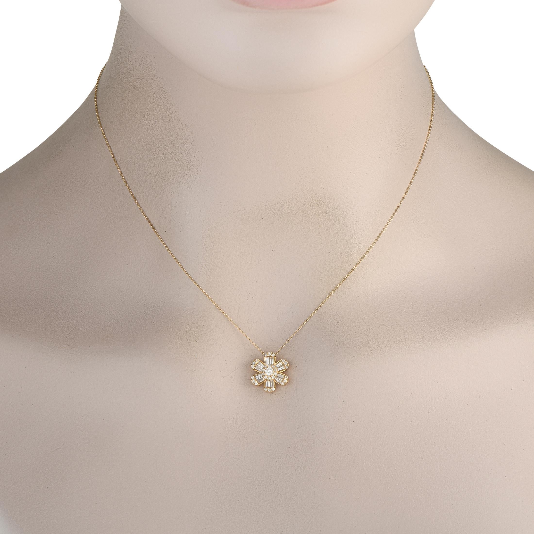 The necklace to pick for an effortlessly chic, always polished look. This piece features a delicate chain measuring 16 inches long. Hanging from the chain is a six-petal flower-inspired pendant, expertly decorated with a combination of round and