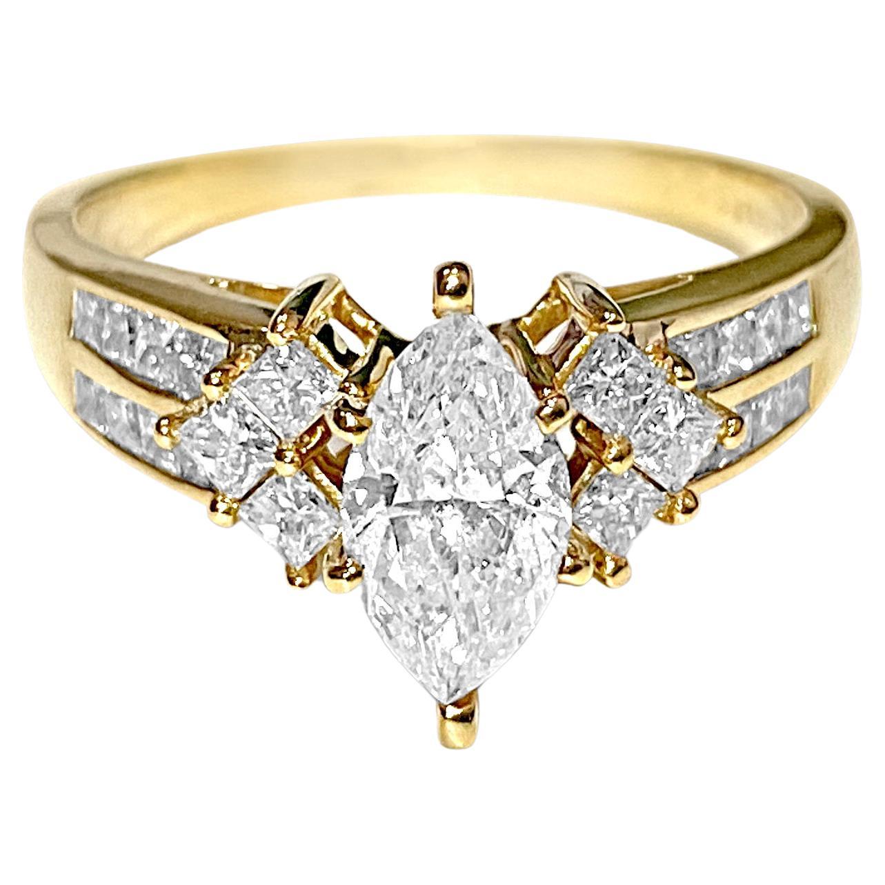 14K Yellow gold. 0.80CT Marquise Cut Diamond Ring For Sale