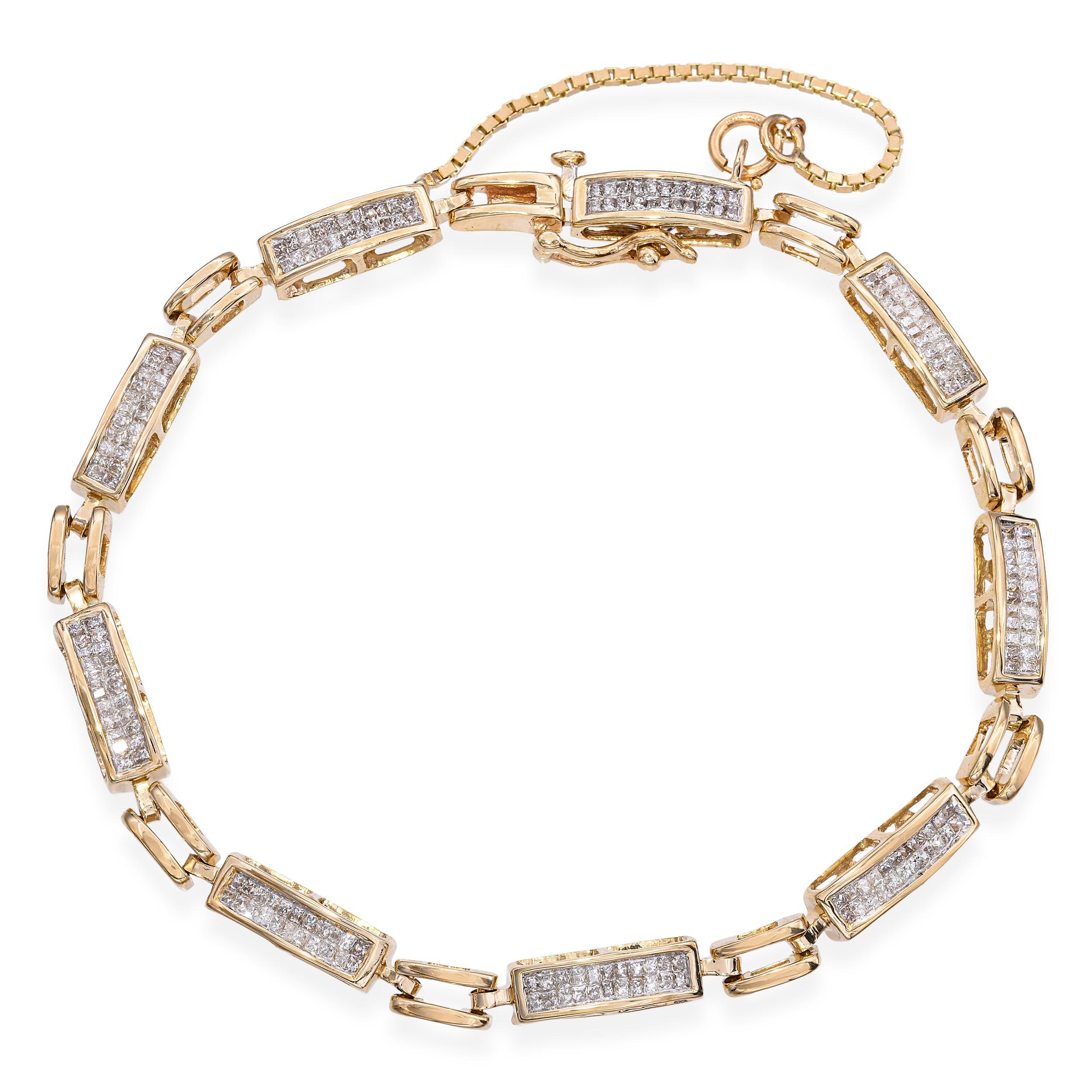 This diamond link bracelet is beautifully crafted in 14k yellow gold, featuring 0.80 carats total weight of sparkling diamonds. Each diamond is securely set within the links, adding brilliance and elegance to the classic design. The warm yellow gold