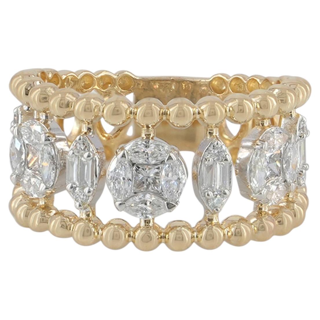 14K Yellow Gold 0.81 Ct Multi-Shape Diamond Cluster Beaded Open Band Ring