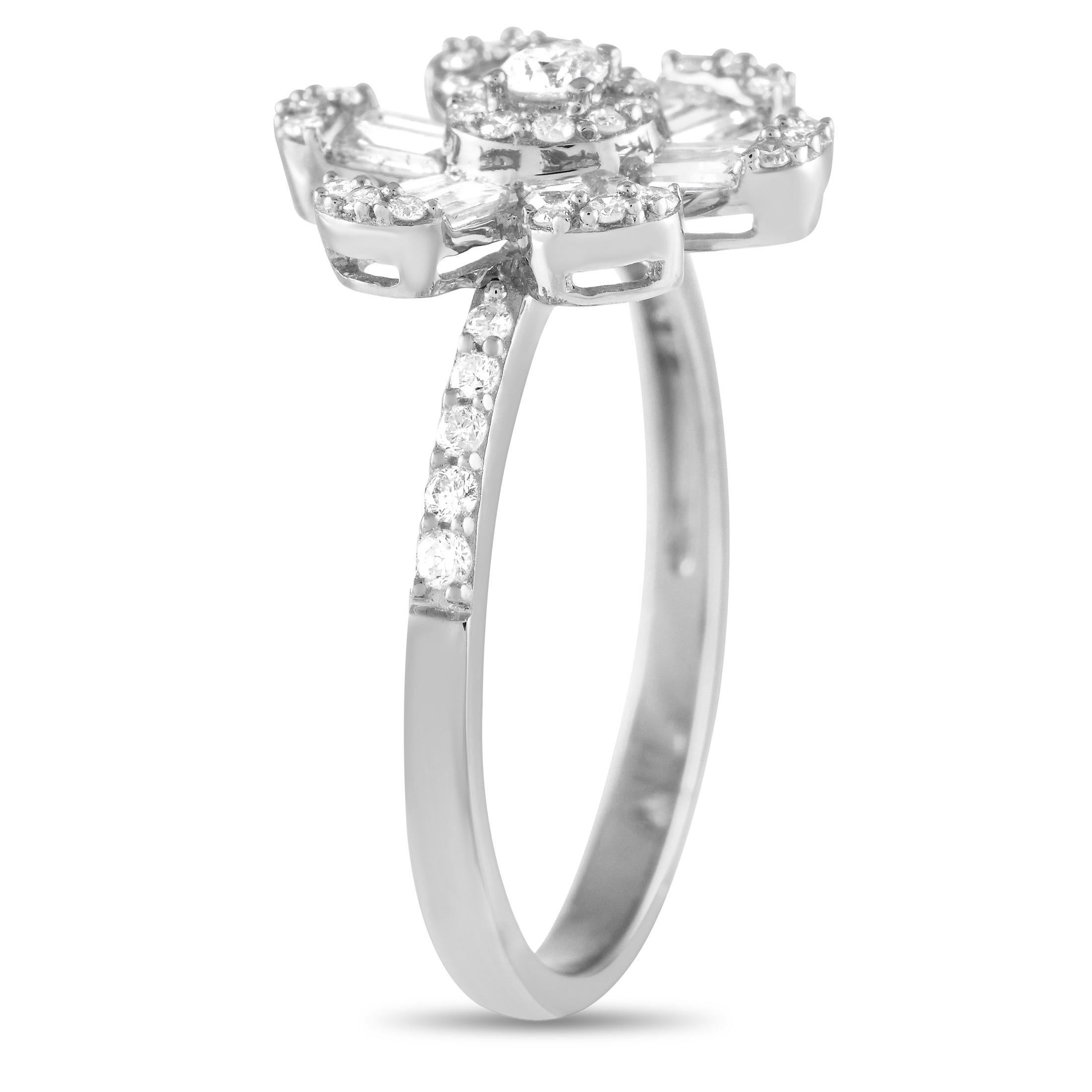 Blooming in grace and beauty, this flower ring will bring the perfect hint of femininity into your wardrobe. It features a narrow shank with diamond-encrusted shoulders. On top of the band is a six-petal flower centerpiece detailed with a
