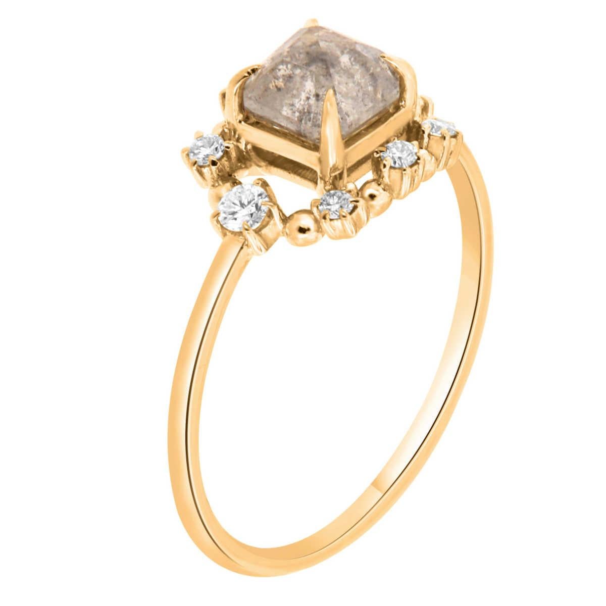 This 14k yellow gold delicate rustic ring features a 0.82 Carat Square Emerald shape Salt & Pepper Natural Diamond set upside down encircled by a halo of eight (8) brilliant round diamonds on top of a 1.2 MM wide band. 
The total diamond weight on