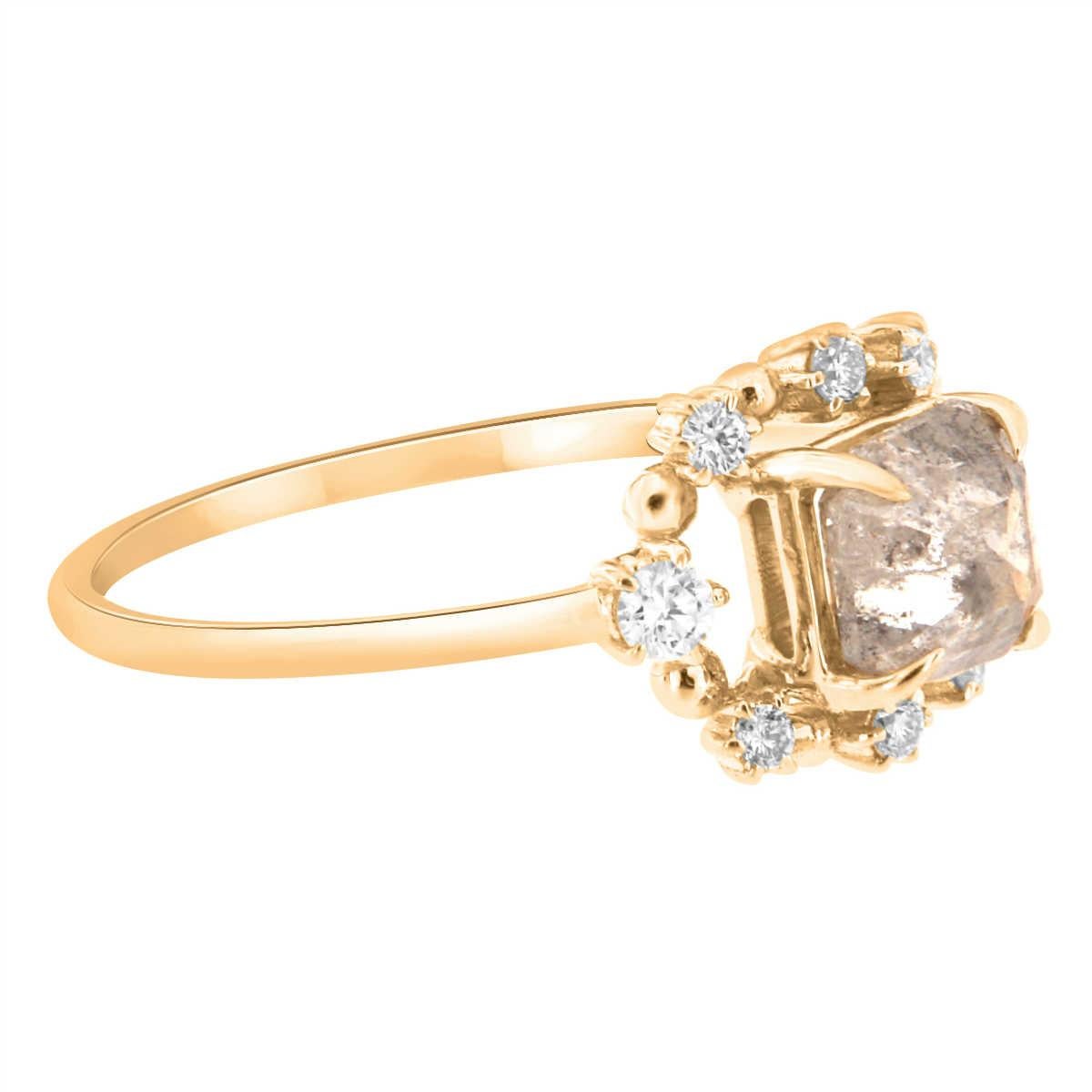 Asscher Cut 14K Yellow Gold 0.82 Carat Square Emerald Shape Salt & Pepper Diamond Ring For Sale