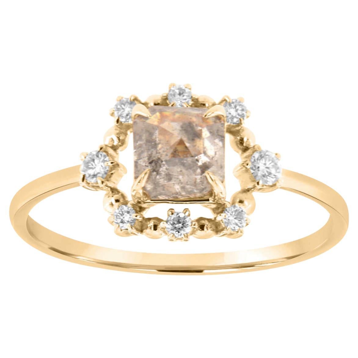 14K Yellow Gold 0.82 Carat Square Emerald Shape Salt & Pepper Diamond Ring For Sale