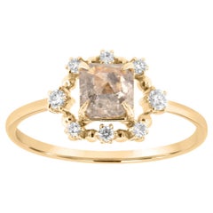 14K Yellow Gold 0.82 Carat Square Emerald Shape Salt & Pepper Diamond Ring