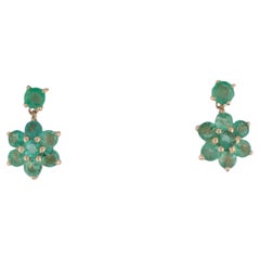 14K Yellow Gold 0.83ctw Emerald Drop Earrings  Round Modified Brilliant Emerald
