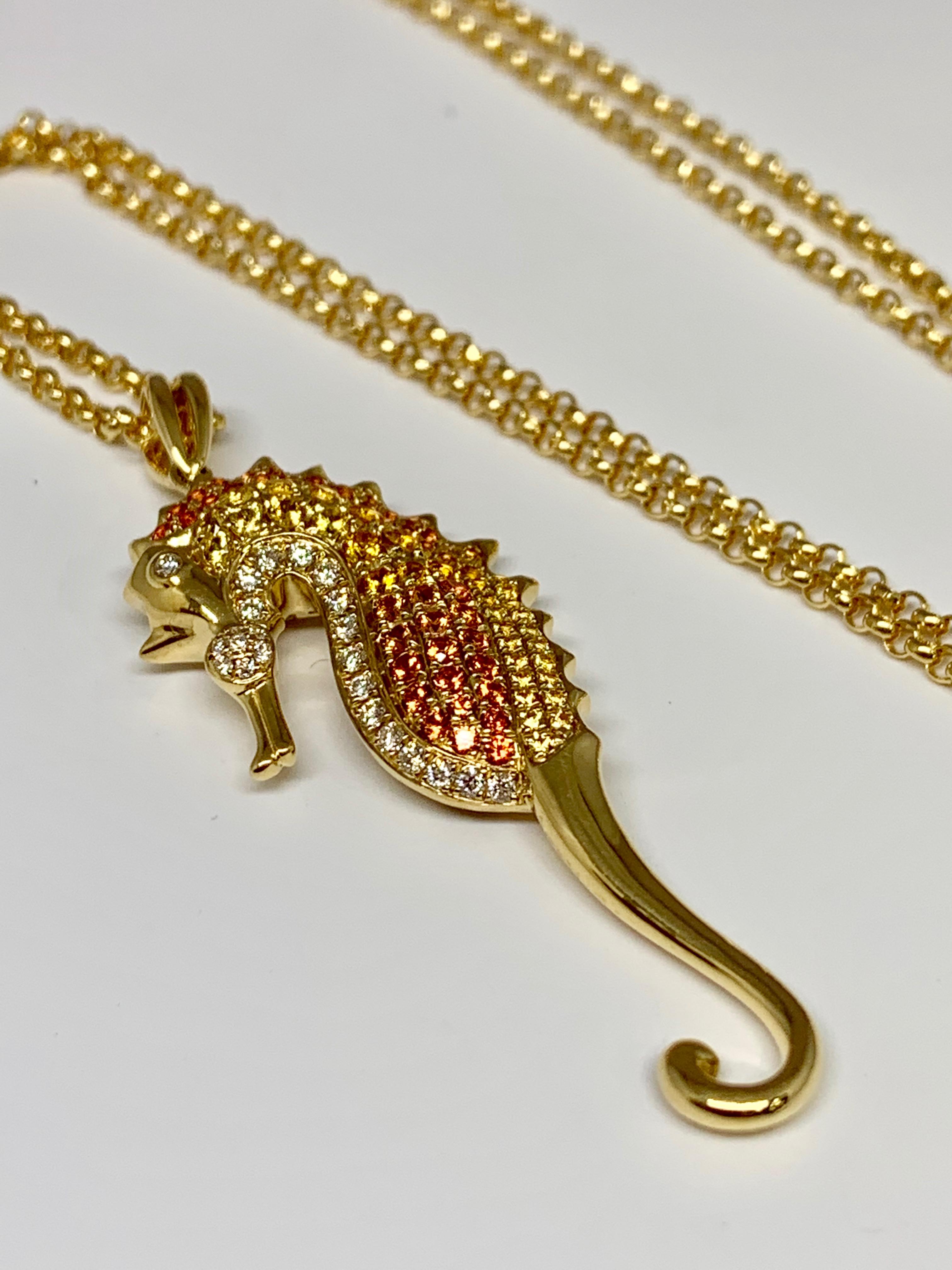 Contemporary 14 Karat Gold 0.84 Carat Multicolored Sapphire and Diamond Seahorse Necklace For Sale