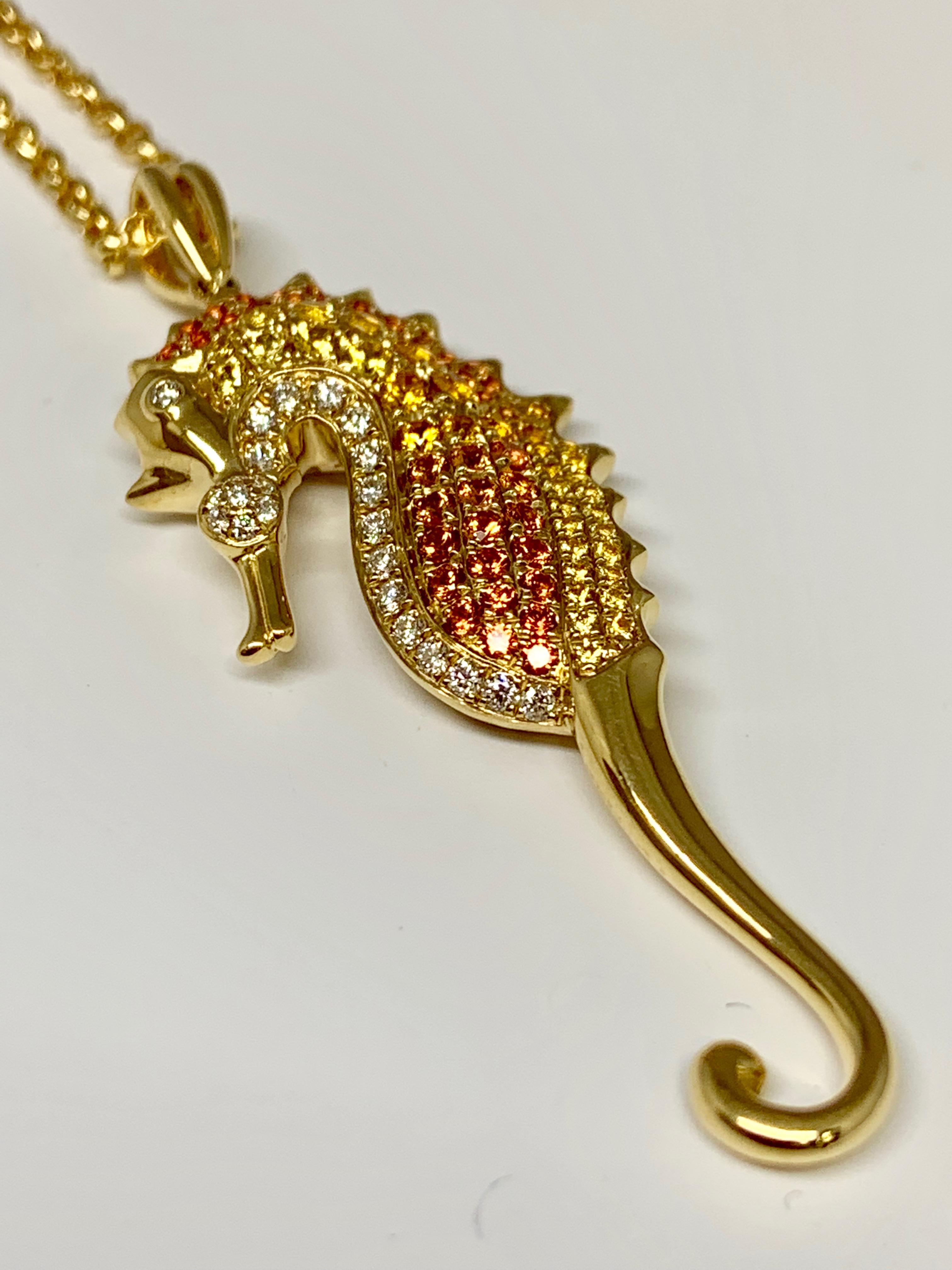 Round Cut 14 Karat Gold 0.84 Carat Multicolored Sapphire and Diamond Seahorse Necklace For Sale