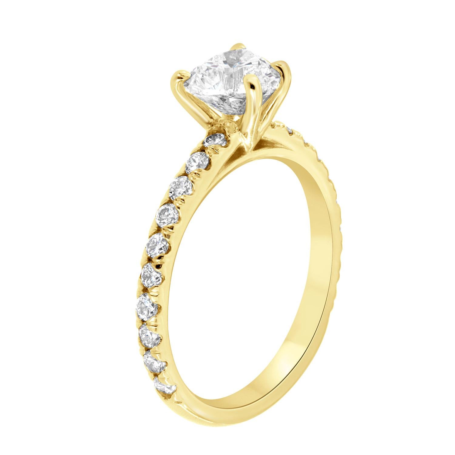 This delicate 14K Yellow gold ring features twenty (20) Brilliant round diamonds Micro-Prong set on top of a 2 MM wide band. In the center of the ring is set one Natural Diamond GIA Certificate 7366371289. 

Shape: Heart 
Weight: 0.91
Color: