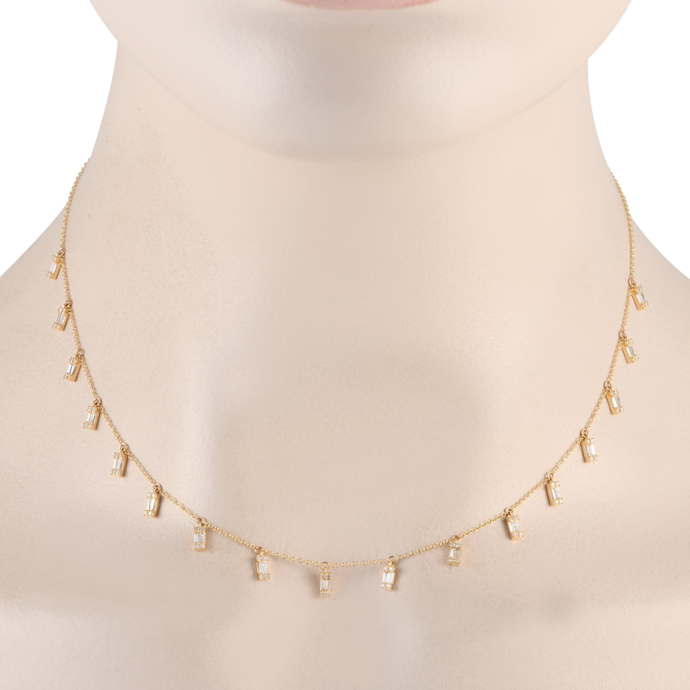 Looking for something sparkly yet understated to add to your daily rotation? This diamond station necklace is an excellent choice. Seventeen diamond-encrusted adornments sit along its 16-inch-long chain. Each tiny bar-shaped embellishment or pendant