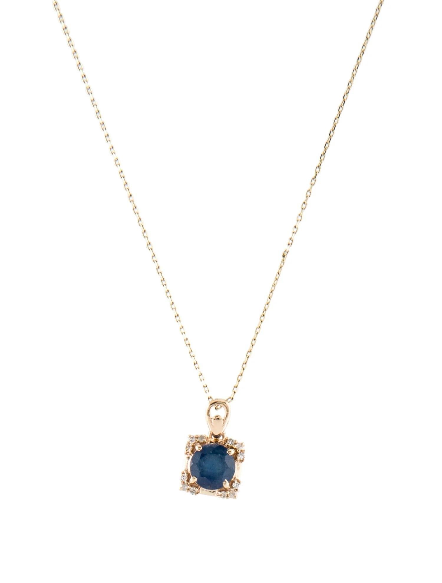 Round Cut 14K Yellow Gold 0.98ct Sapphire & 0.07ct Diamond Pendant Necklace, Faceted Round For Sale