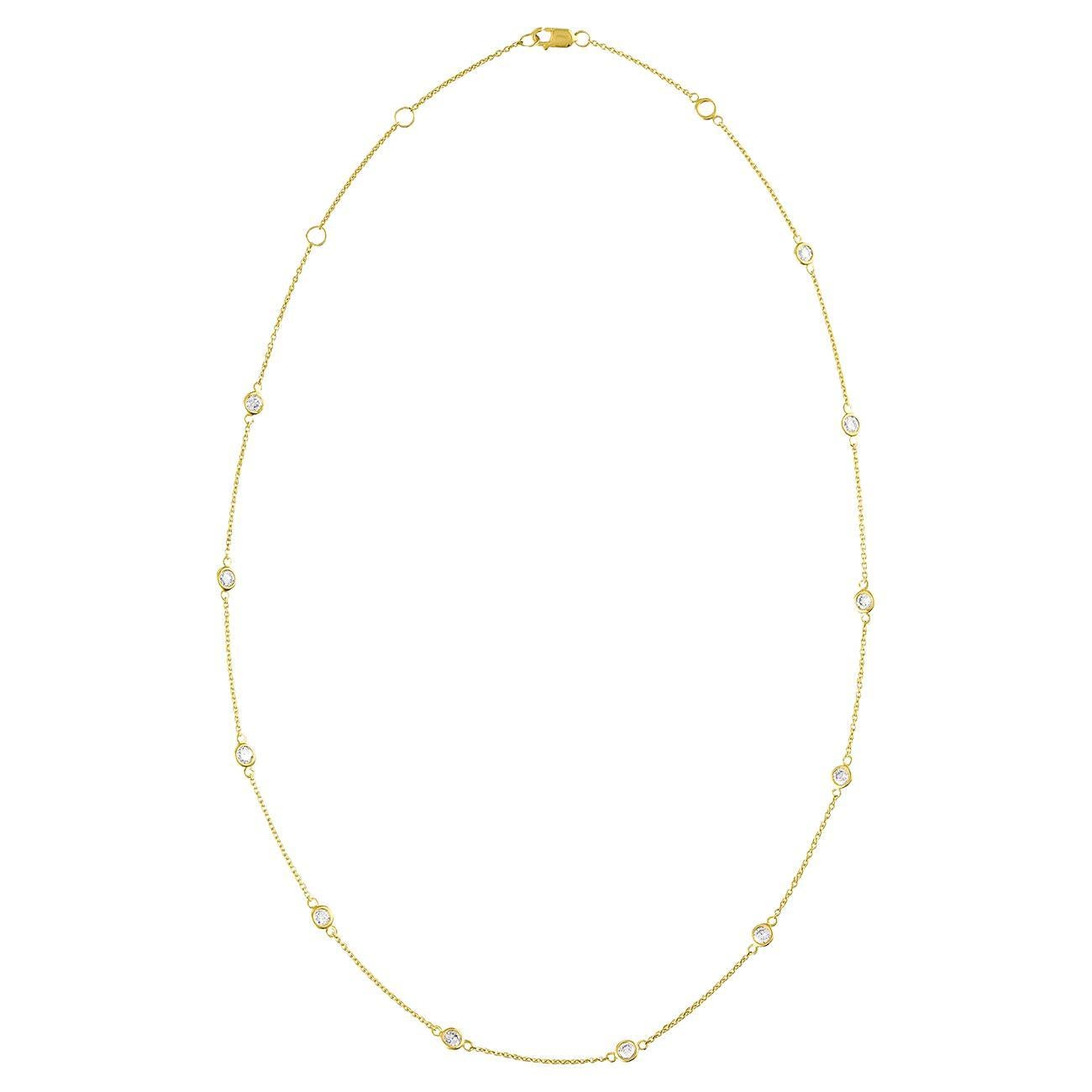 14K Yellow Gold 1 1/10 Carat Bezel Set Diamond Station Necklace For Sale