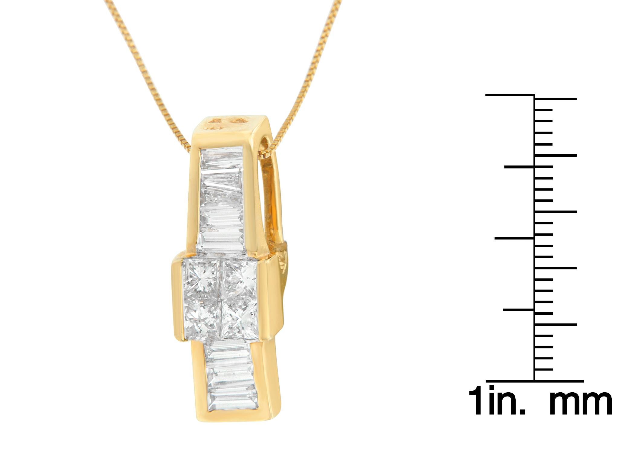 Taille baguette Collier pendentif en or jaune 14 carats avec diamants superposés de 1 1/10 carat en vente