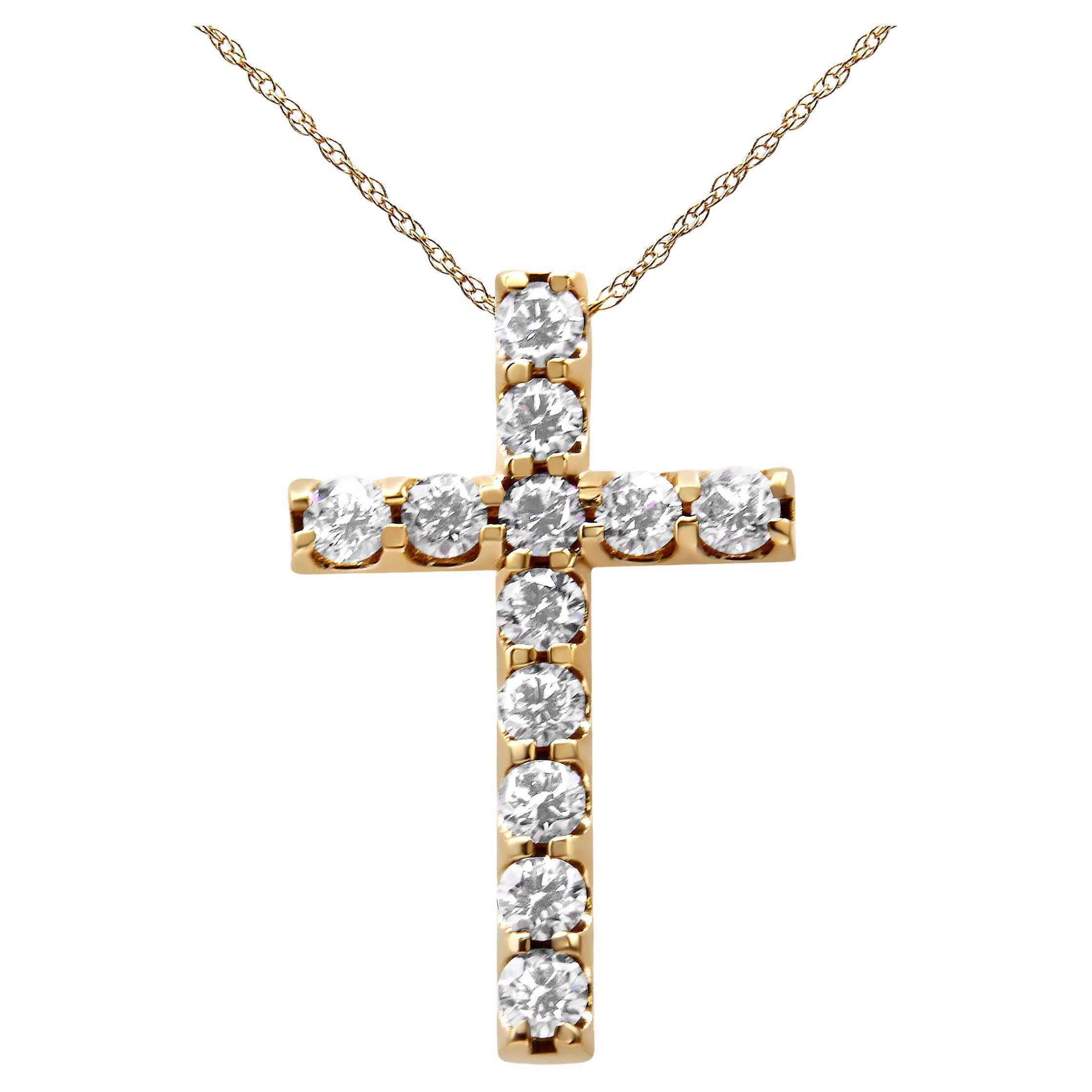 14k Gelbgold Runde Diamant Kreuz Anhänger Halskette