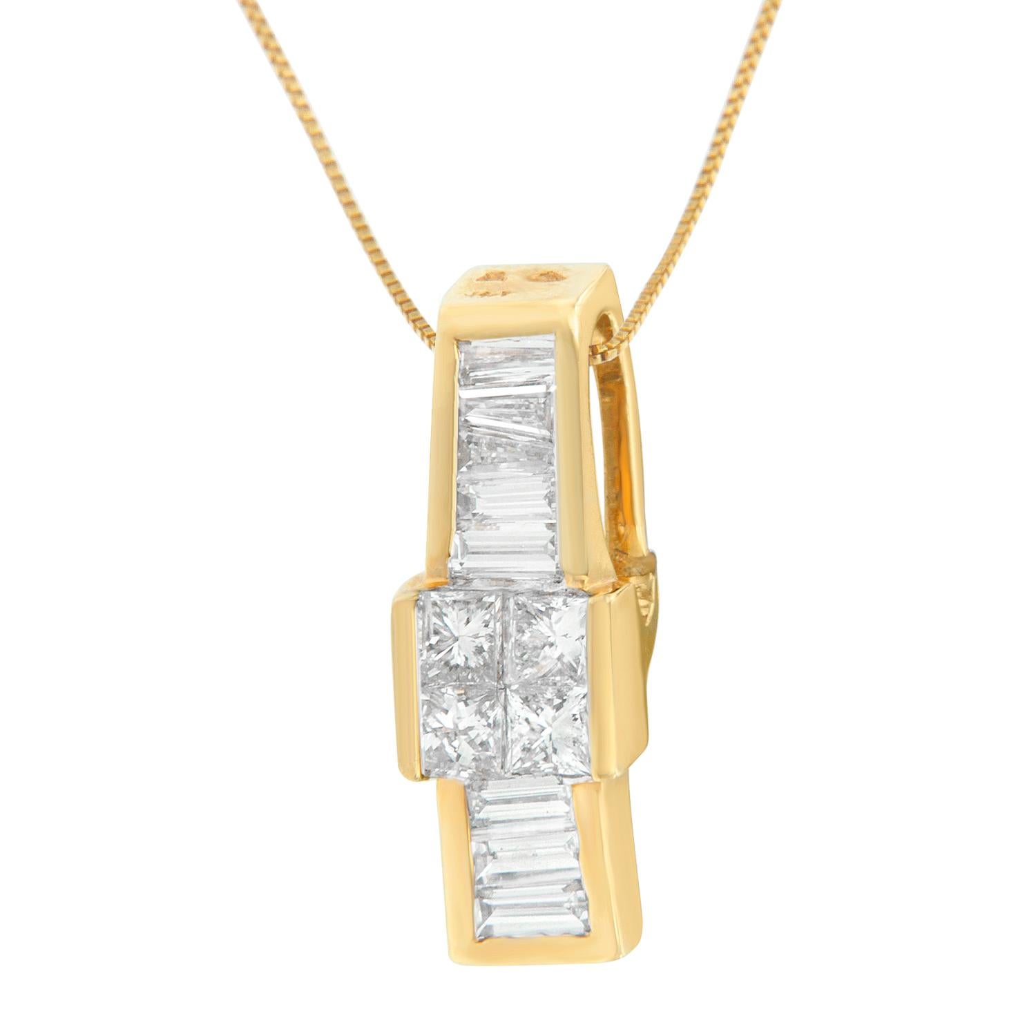 Taille baguette Collier pendentif en or jaune 14 carats avec diamants superposés de 1 1/10 carat en vente