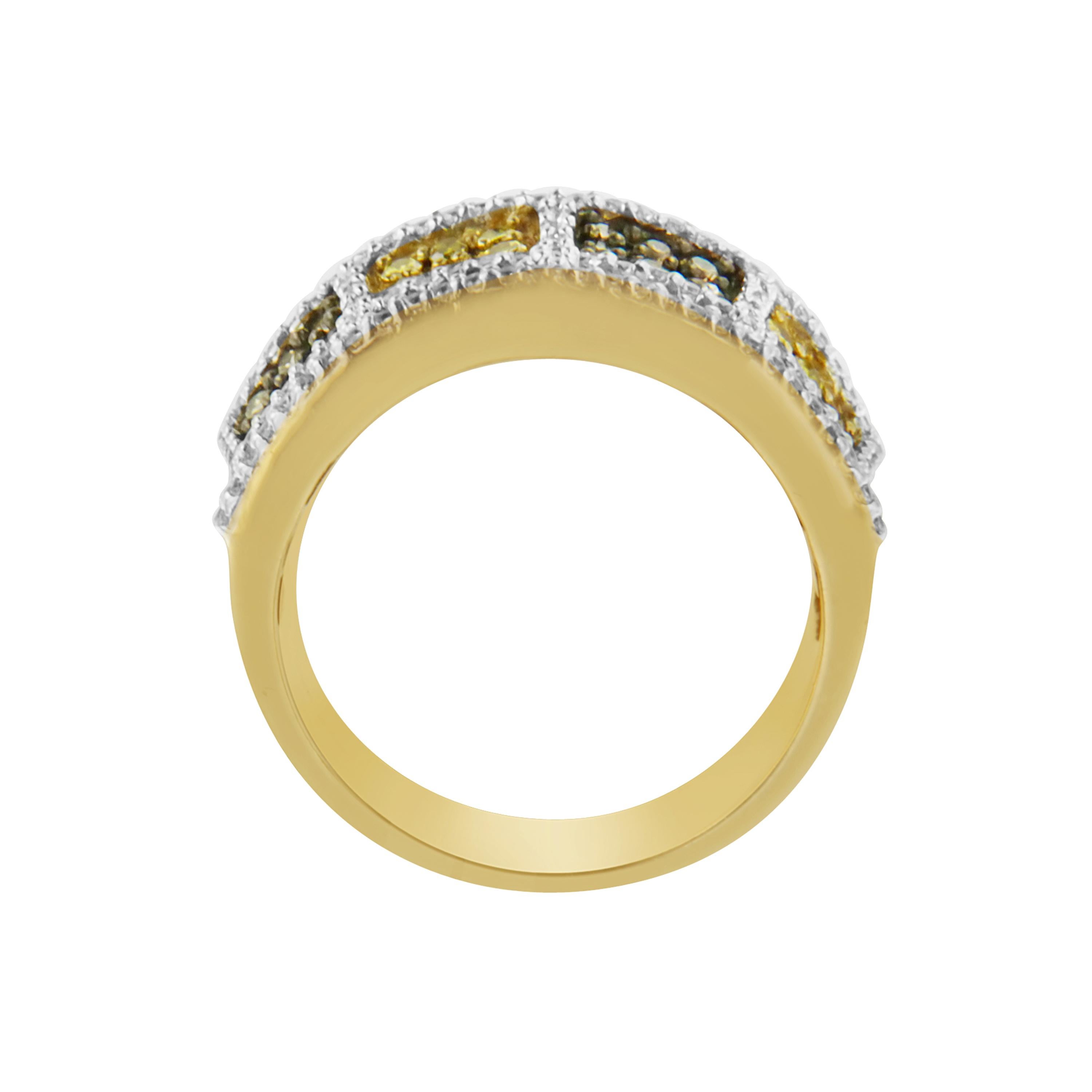 Upgrade your old and vintage collection of accessories by purchasing this outstanding diamond band. Crafted of cool 14k yellow gold, this fashion band showcase the champagne and round-cut diamonds finely framed in the prong setting. It's unique and