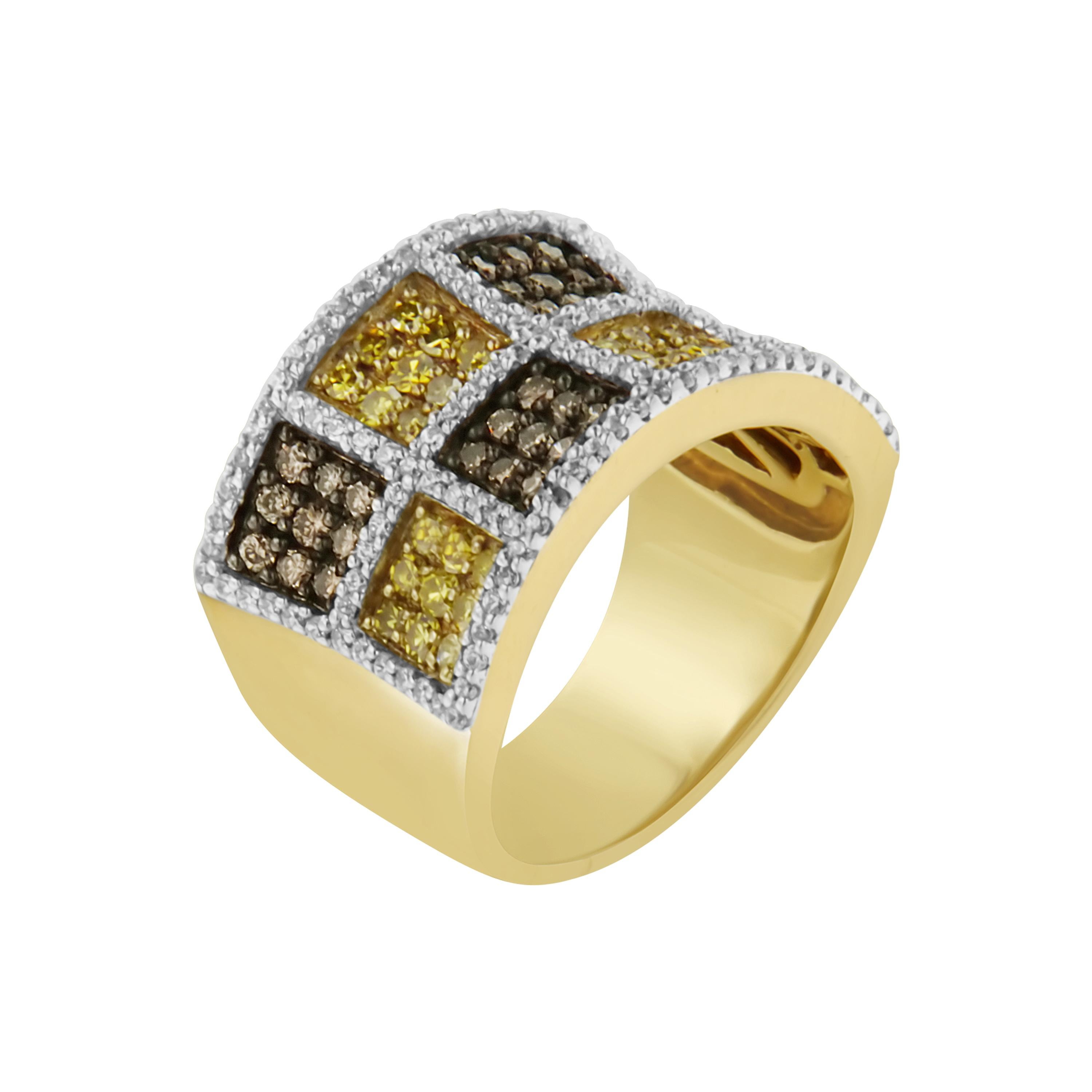 Contemporary 14K Yellow Gold 1 1/2 Carat Champagne, Yellow and Round Diamond Band Ring For Sale