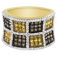 Bague jonc en or jaune 14 carats avec diamants champagne, jaune et rond de 1 1/2 carat