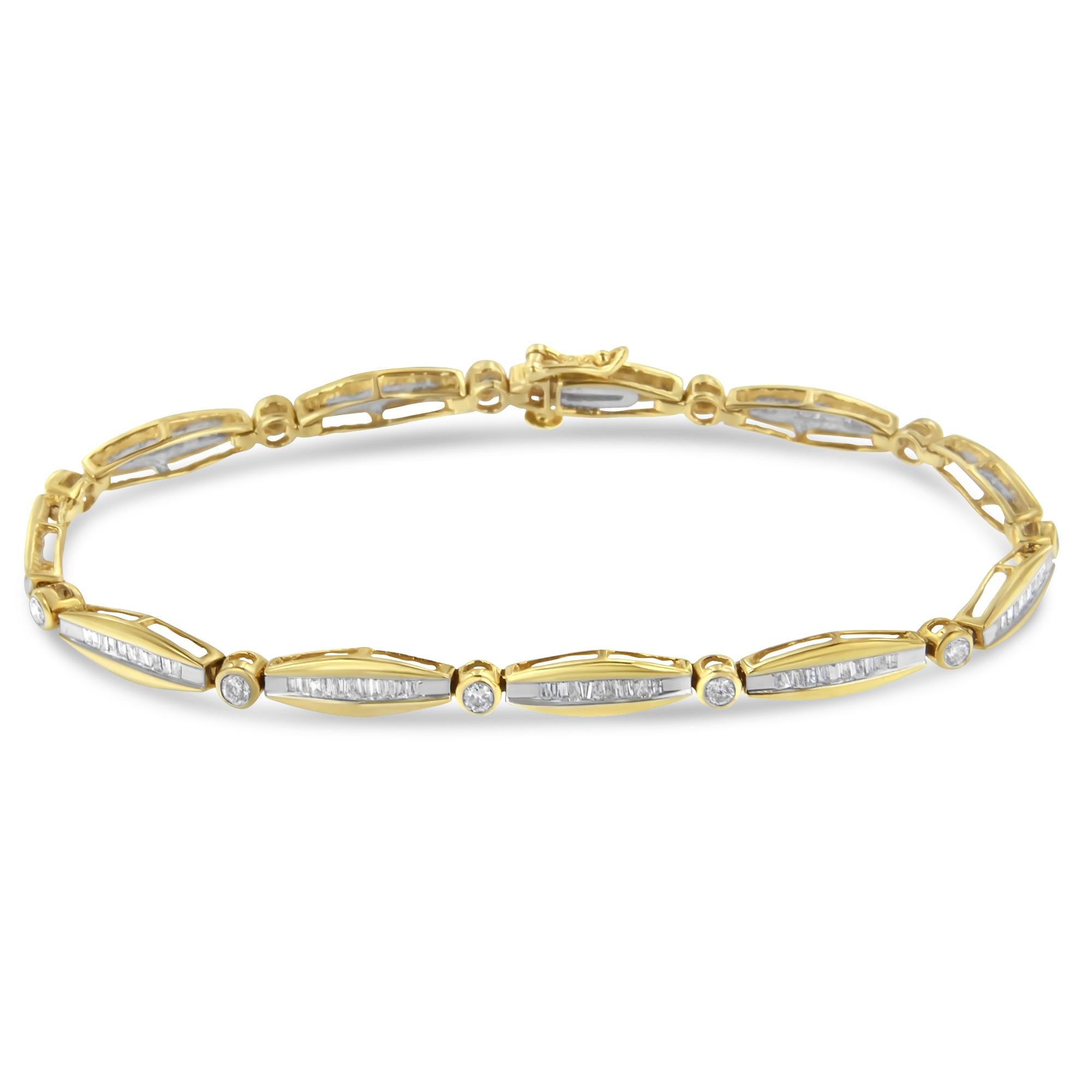 Fashioned in 14k yellow gold, this gorgeous, yet slender bracelet twinkles with long baguette diamonds inlaid into gold links alternating with smaller round links that showcase sparkling round cut, bezel set diamonds. 1 1/2 ct. dw. of diamonds make