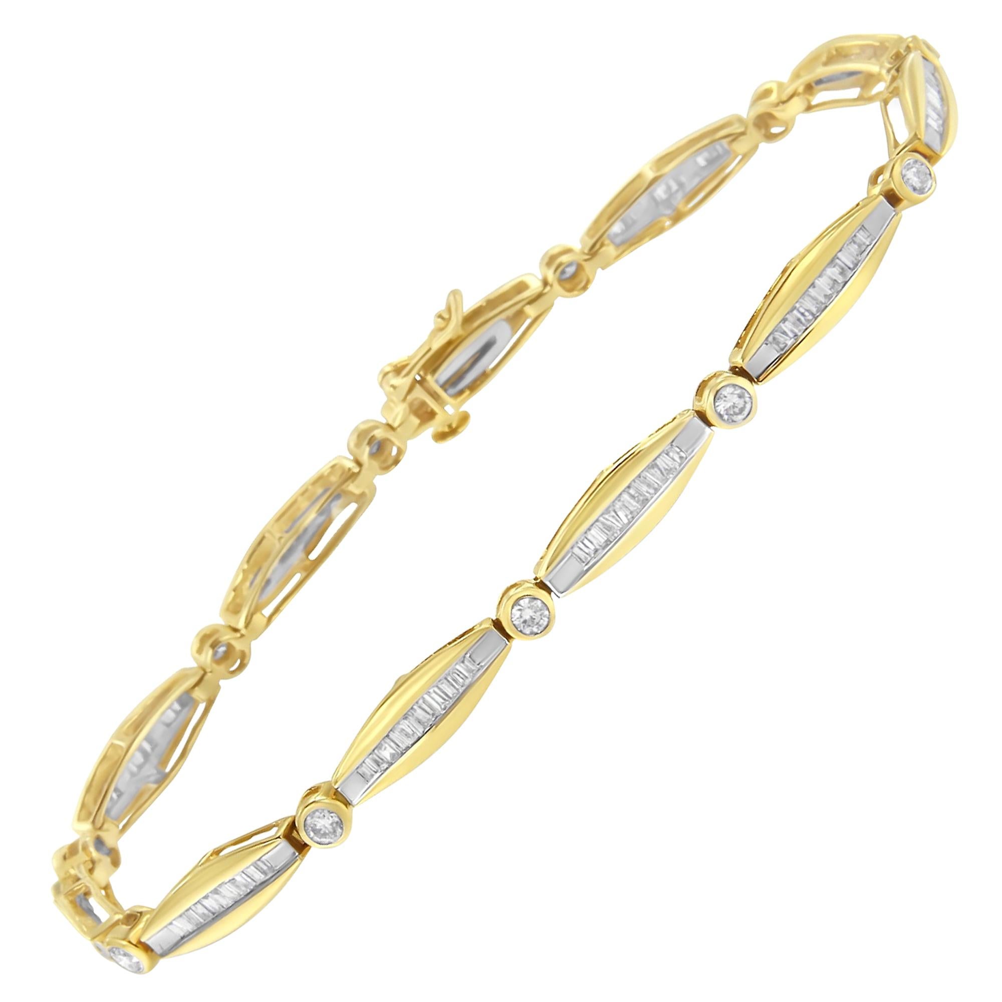 14K Yellow Gold 1 1/2 Carat Diamond Alternating Bezel and Link Tennis Bracelet