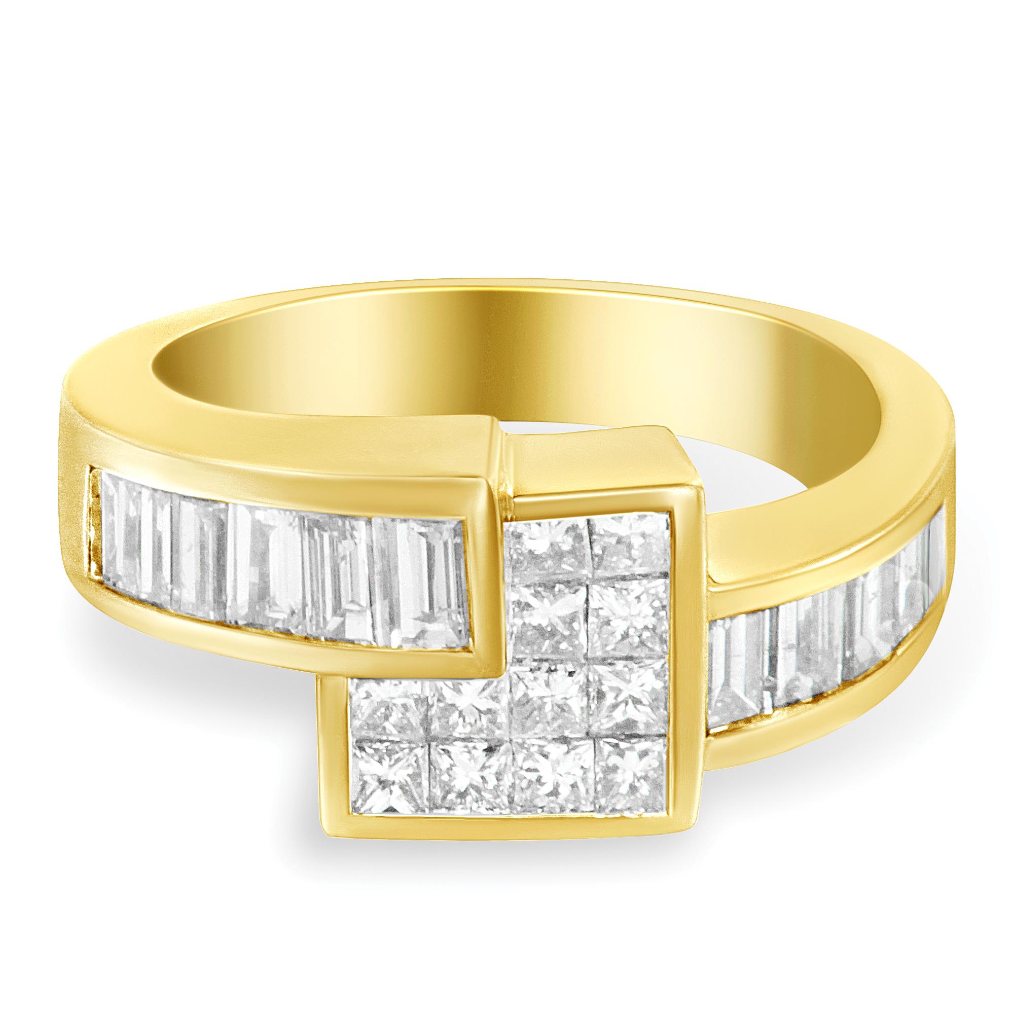 This stunning asymmetrical 14k yellow gold cocktail ring will become a family heirloom you'll want to pass down to your kids. At the center of this beautiful piece is a square shaped design set with natural, princess-cut diamonds. Baguette-cut