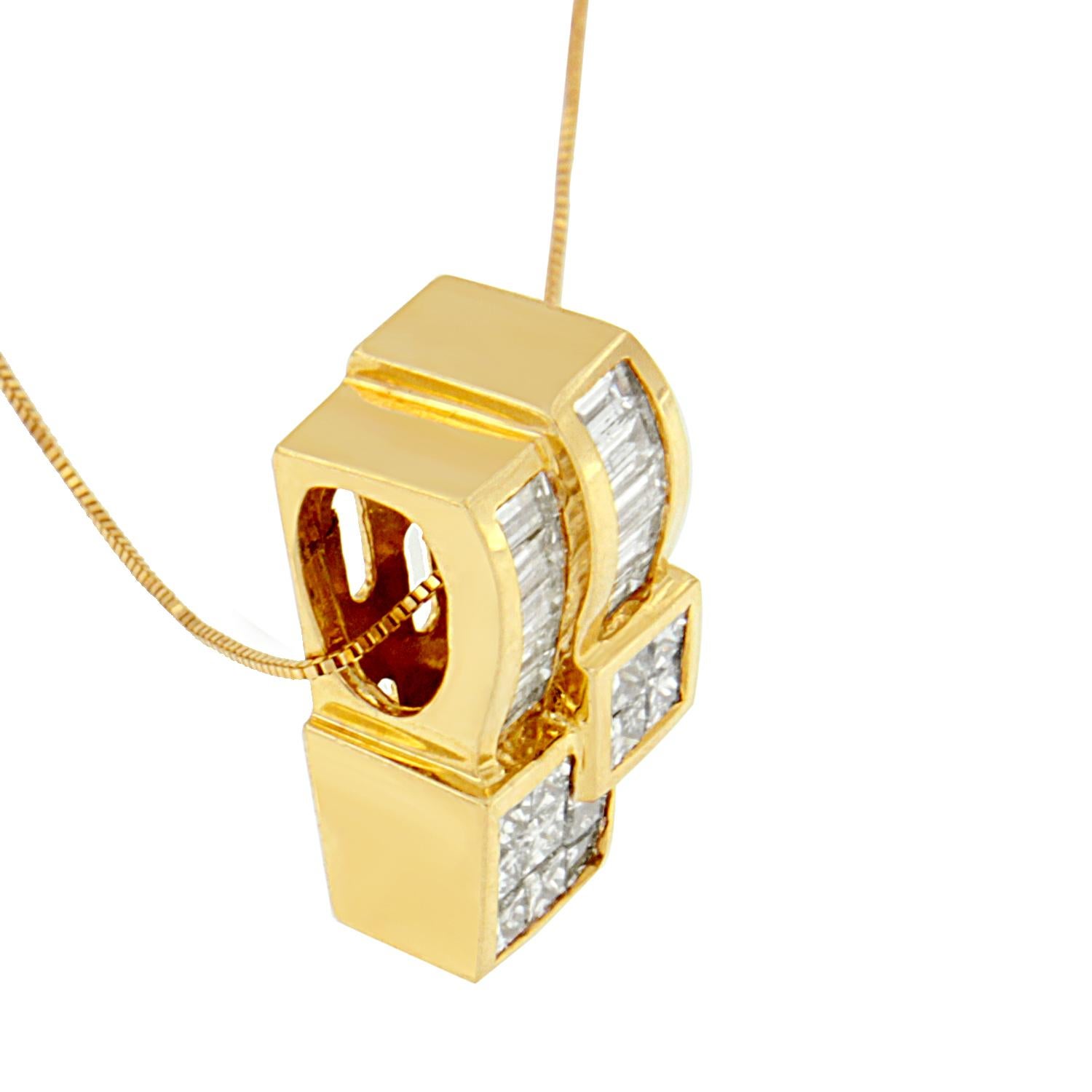 This whimsical 14k yellow gold pendant features dovetailed squares set with sparkling princess-cut diamonds capped with side-by-side ribbons channel set with baguettes. It's sure to become a favorite for all those special moments. This beautiful