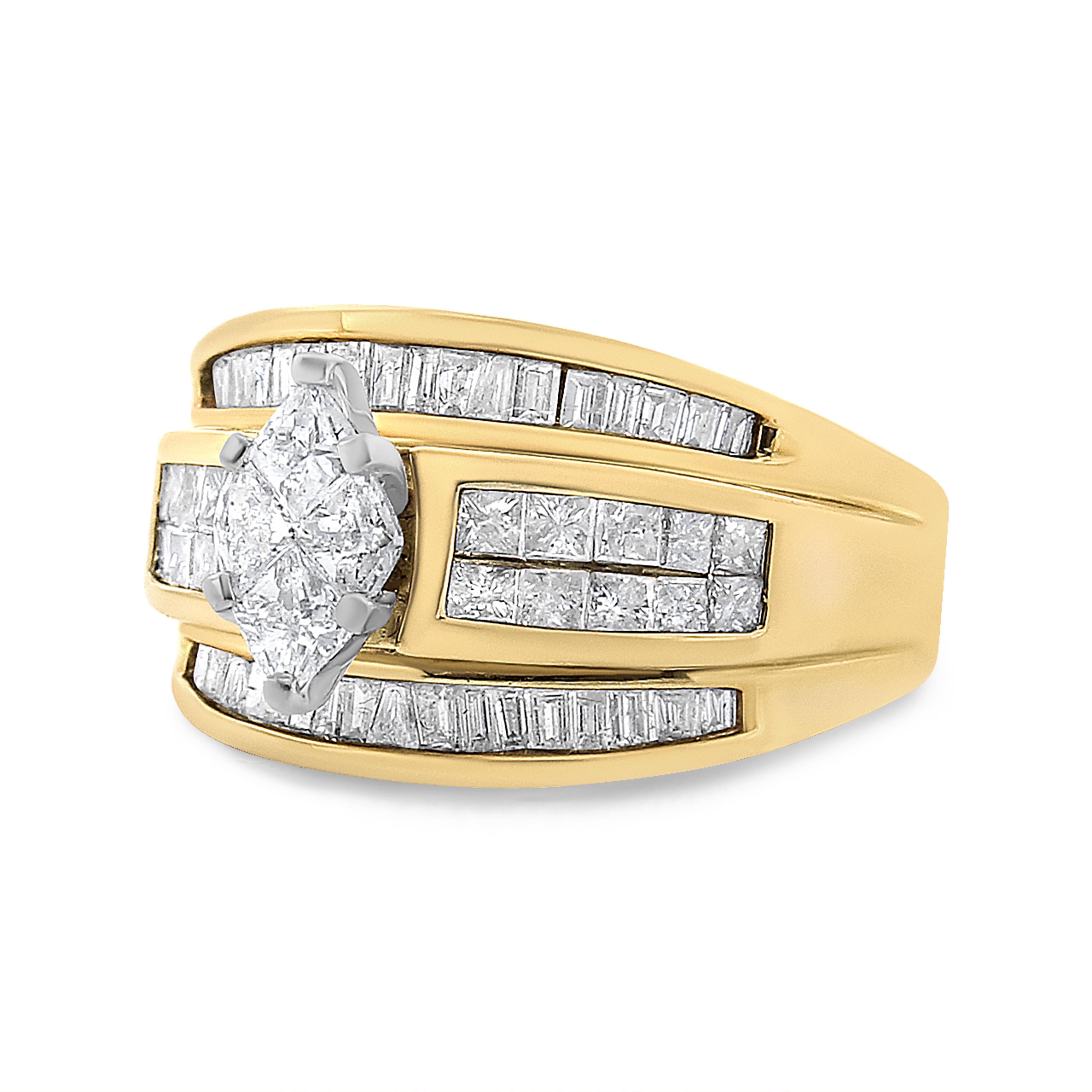 Bold and striking, this 14k yellow gold ring is expertly set with a stunning 1 1/2 cttw of natural diamonds. 4 pie-cut diamonds sparkle at the center of this ring. Princess and baguette-cut diamonds are embellished into the 14k gold band in a