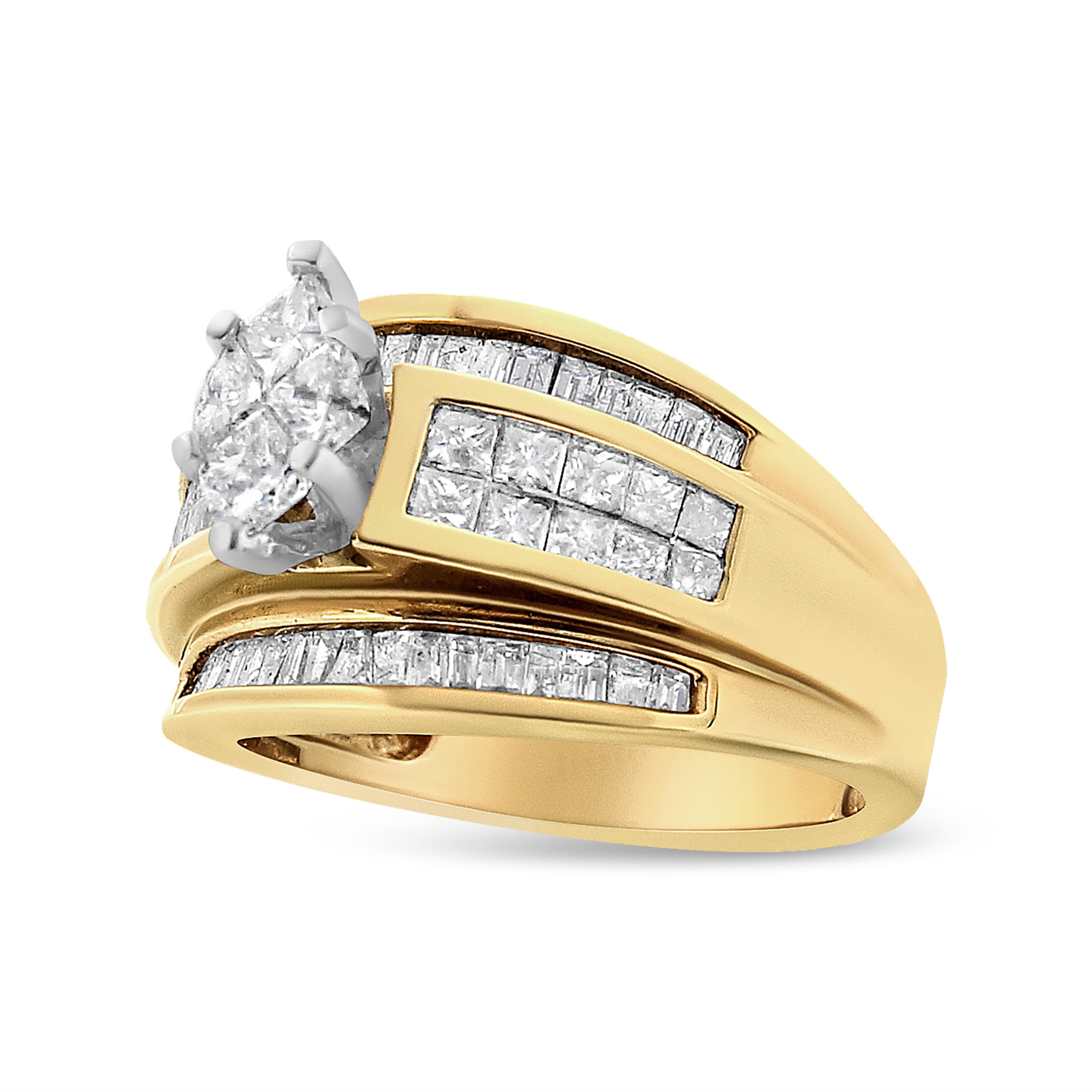 Taille baguette Bague de fiançailles cocktail en or jaune 14 carats avec diamants en forme de marquise de 1 1/2 carat en vente