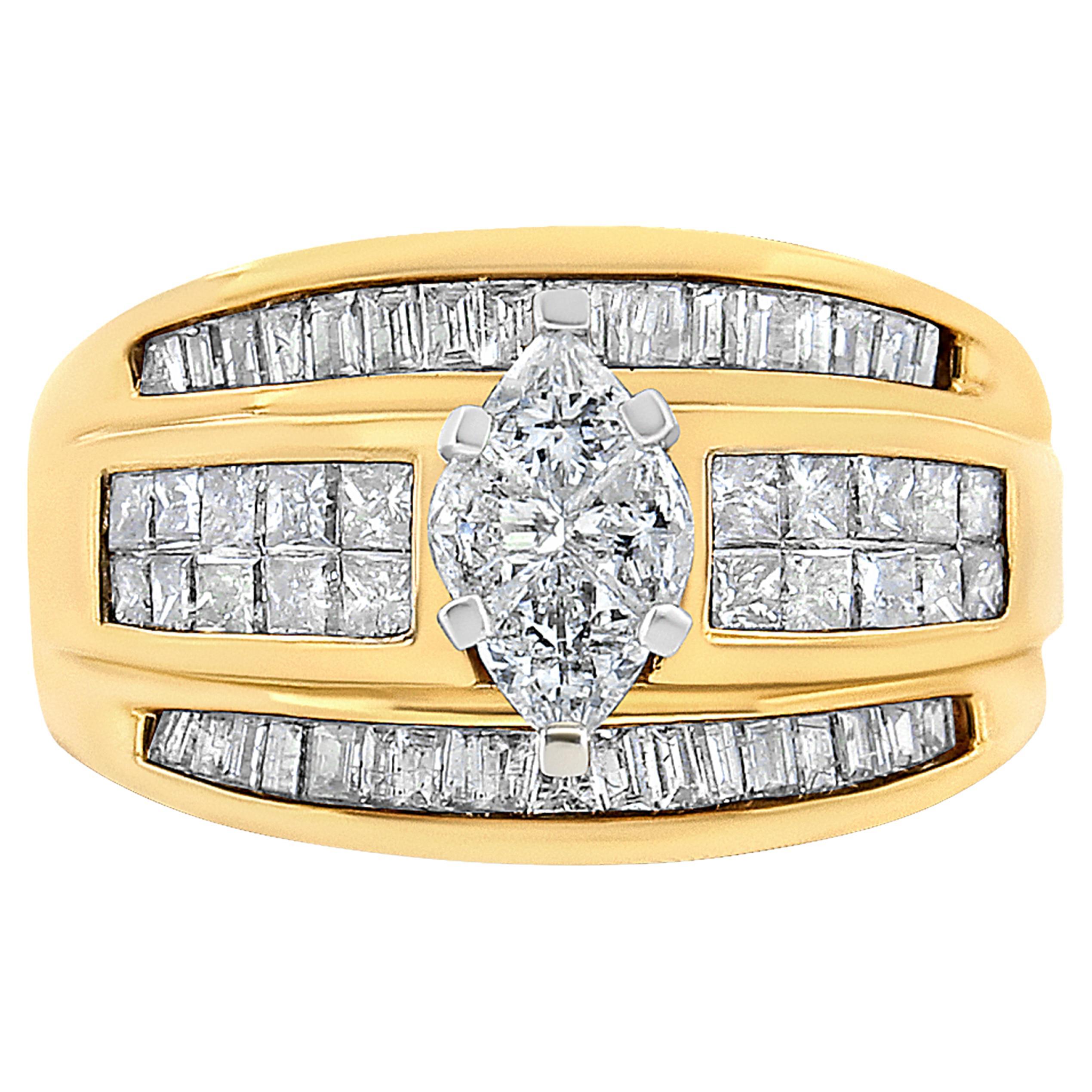 14K Yellow Gold 1 1/2 Carat Diamond Marquise Shape Engagement Cocktail Ring Band For Sale