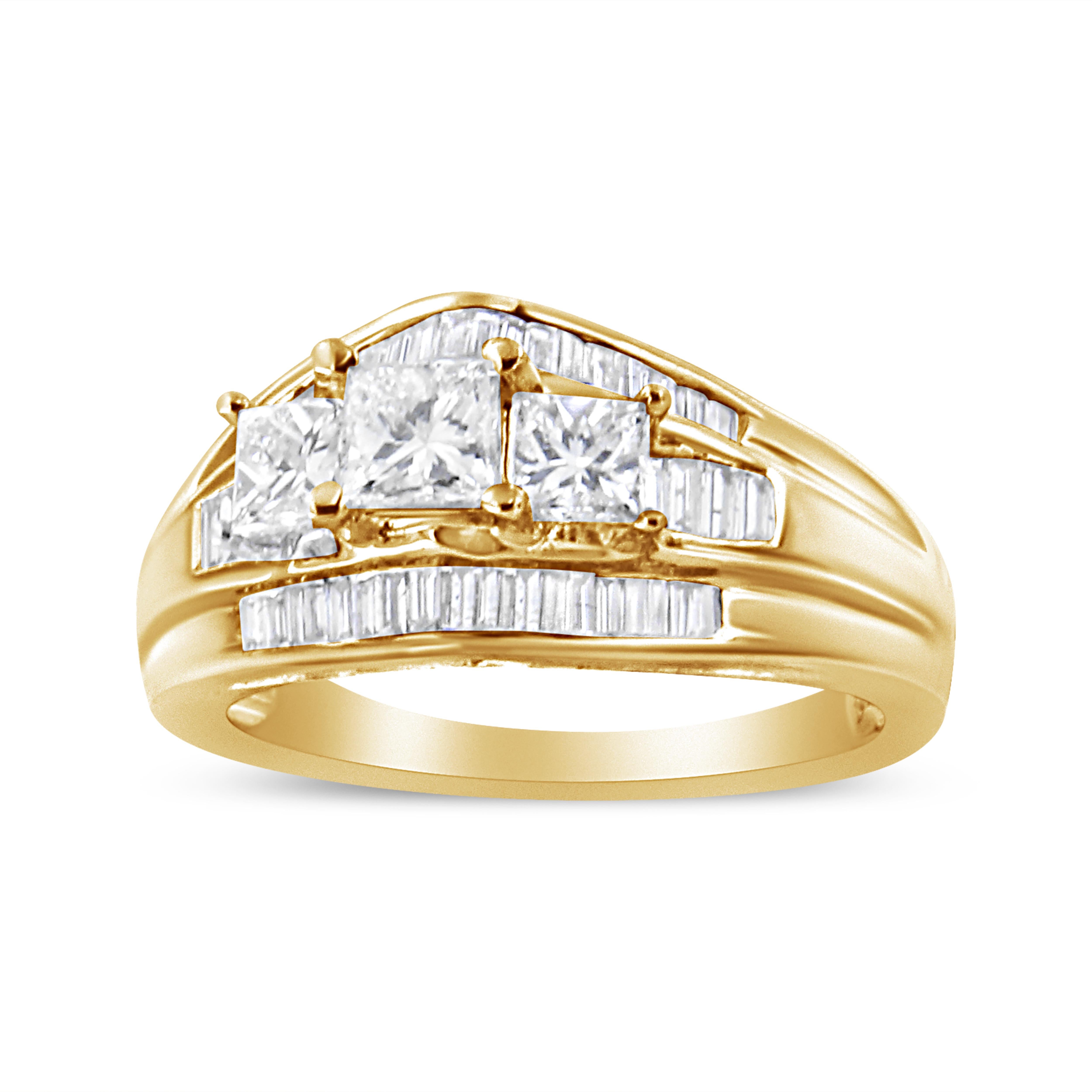 Bold and brilliant, this 14k yellow gold ring sparkles with 1 1/2 cttw of natural diamonds. At the center of this piece rests 3 beautiful, natural princess-cut diamonds in an elegant prong setting. The center 3-stone design is flanked by