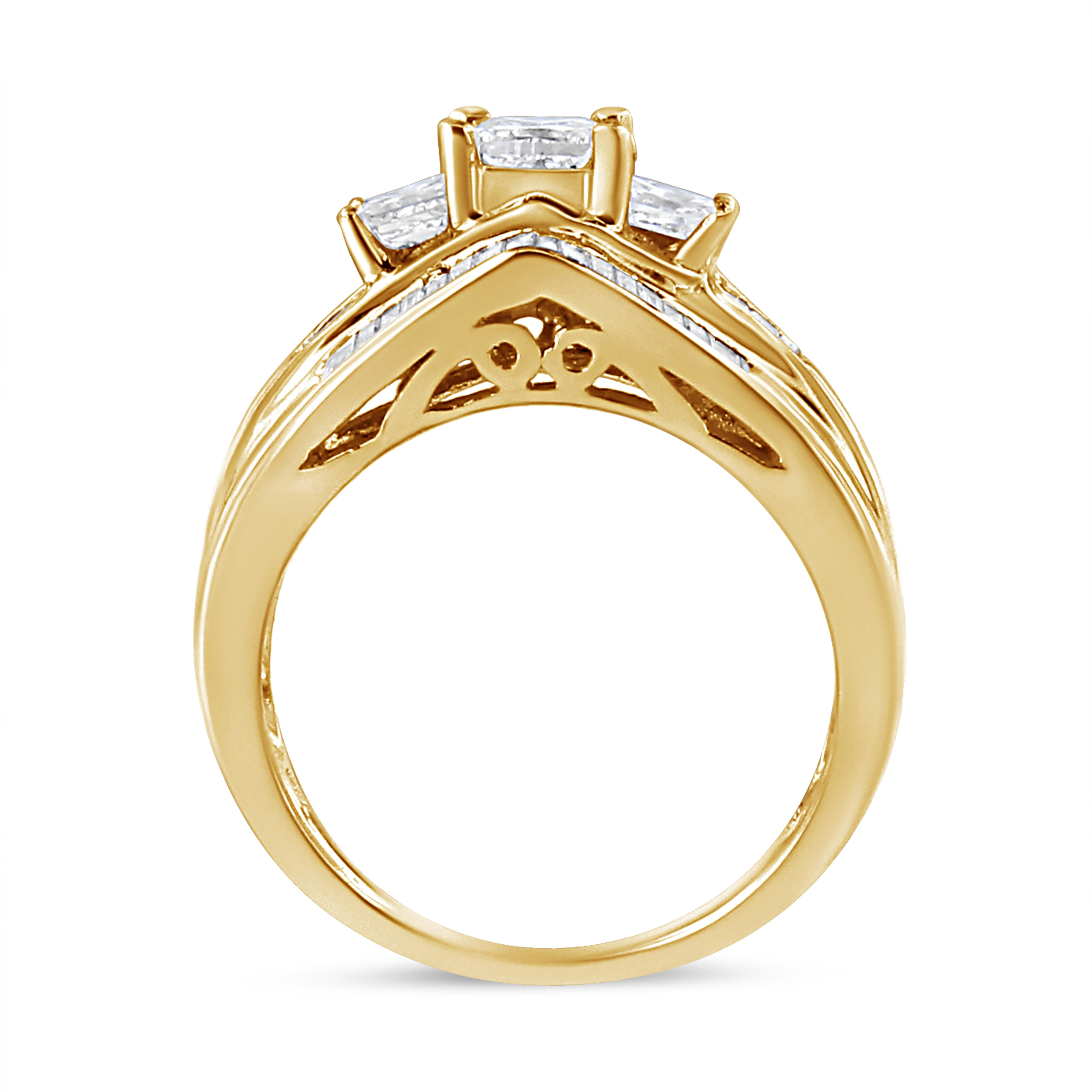 Princess Cut 14K Yellow Gold 1 1/2 Carat Princess and Baguette-Cut Diamond 3-Stone Ring For Sale