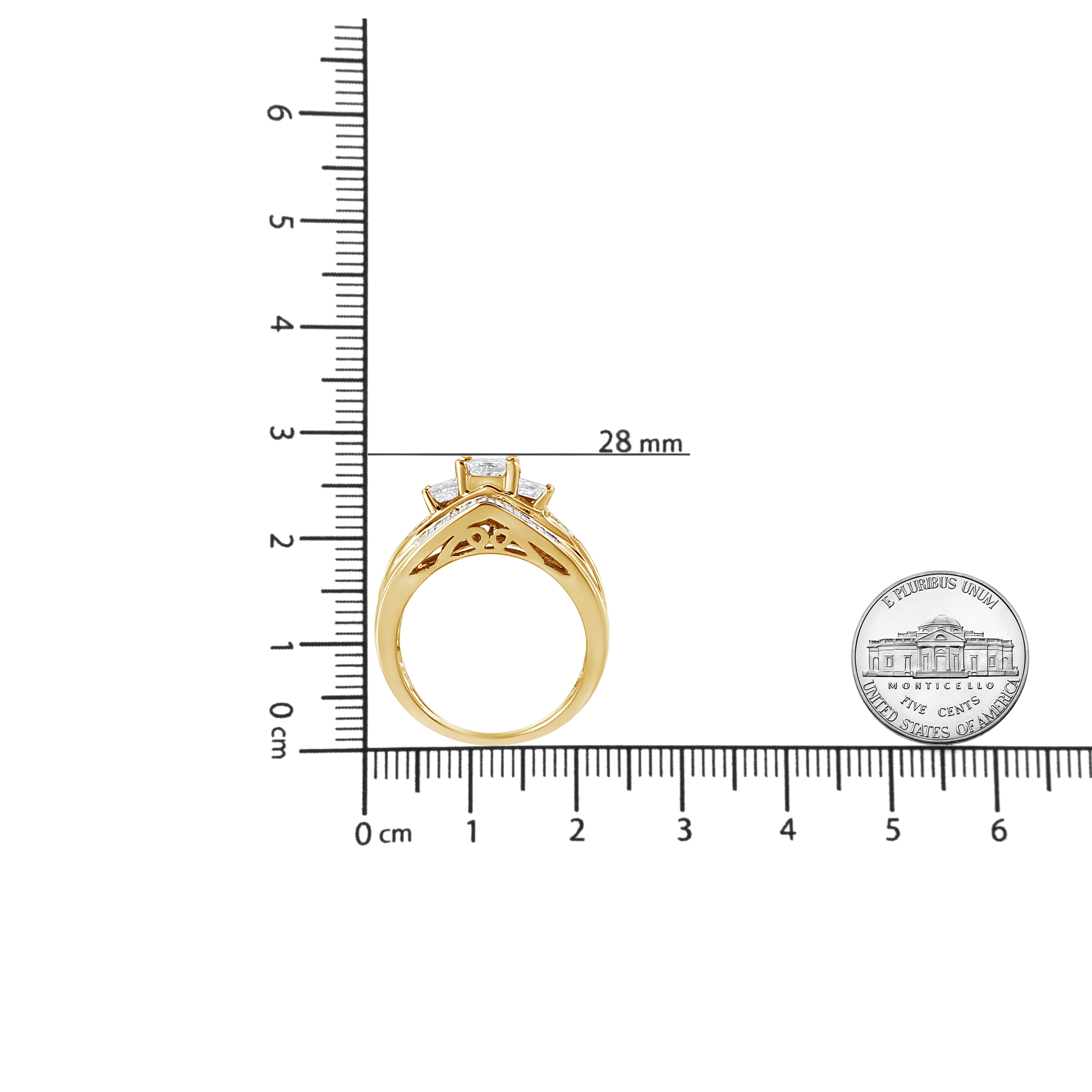 Women's 14K Yellow Gold 1 1/2 Carat Princess and Baguette-Cut Diamond 3-Stone Ring For Sale