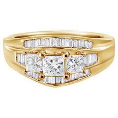 14K Yellow Gold 1 1/2 Carat Princess and Baguette-Cut Diamond 3-Stone Ring