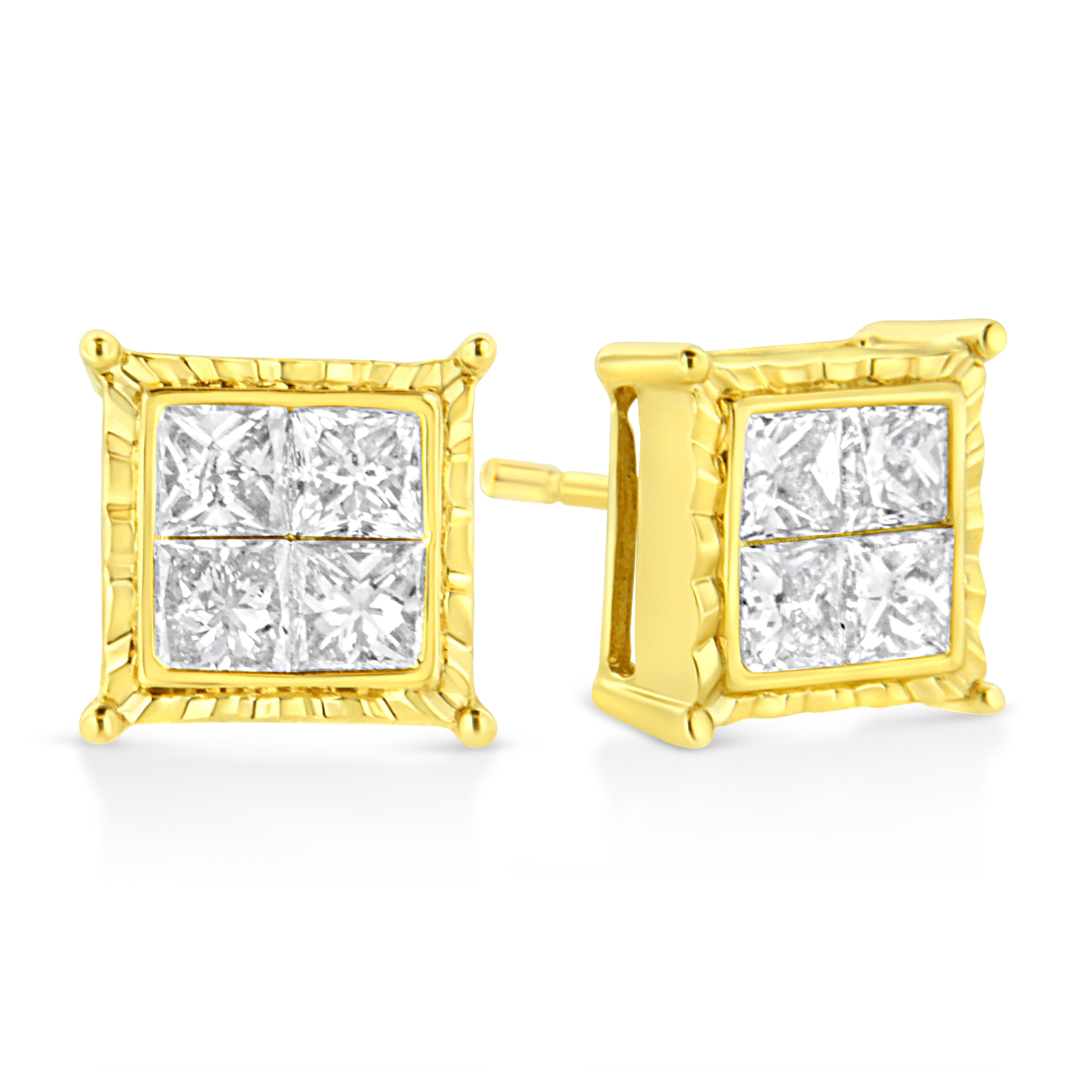 You will love these classic square stud earrings. A must have for any serious jewelry collection, these 14k yellow gold earrings boast an impressive 1 ½ carat total weight of sparkling diamonds. Each square stud is designed with 4 princess-cut