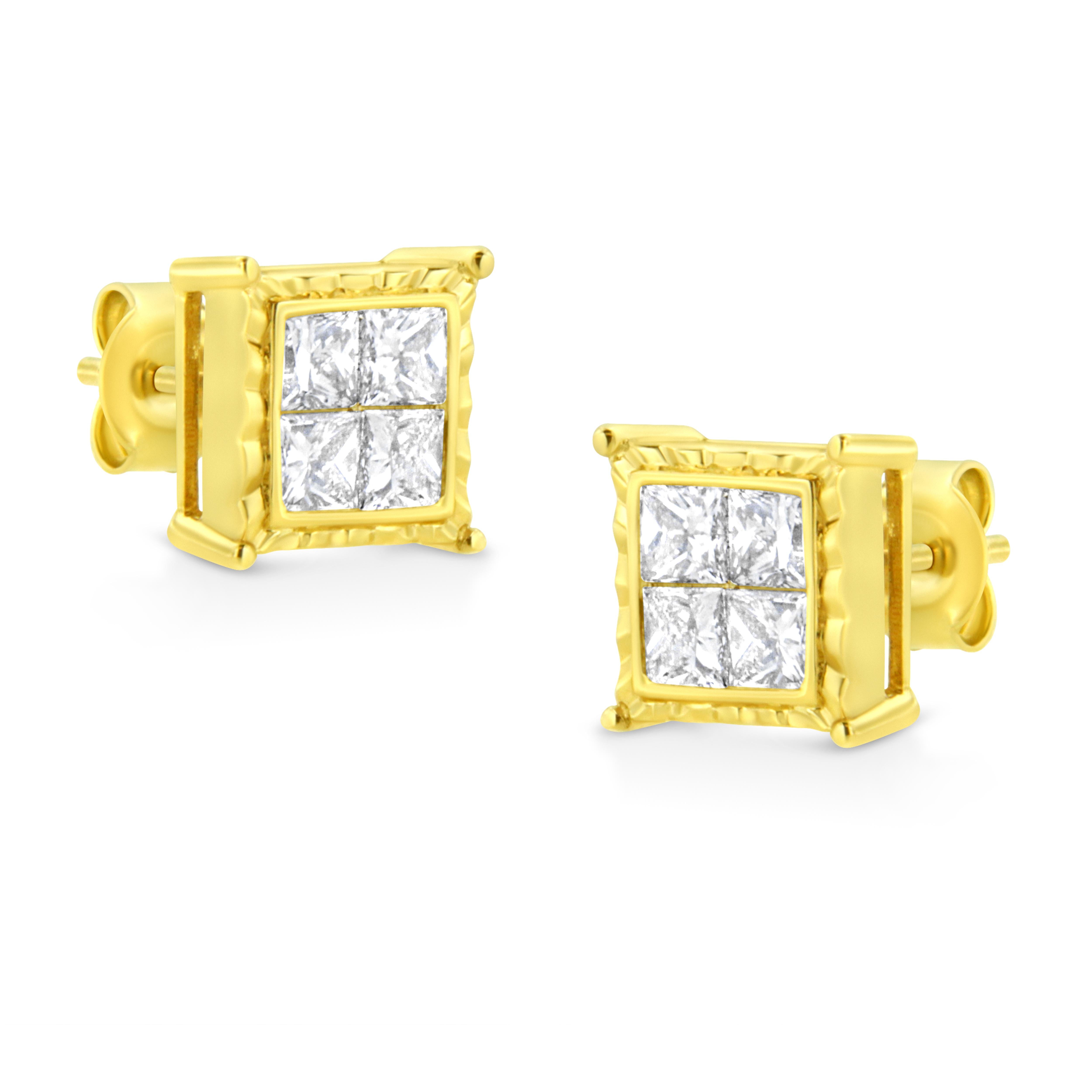 Contemporary 14K Yellow Gold 1 1/2 Carat Princess-Cut Diamond Composite 8 Stone Stud Earrings For Sale