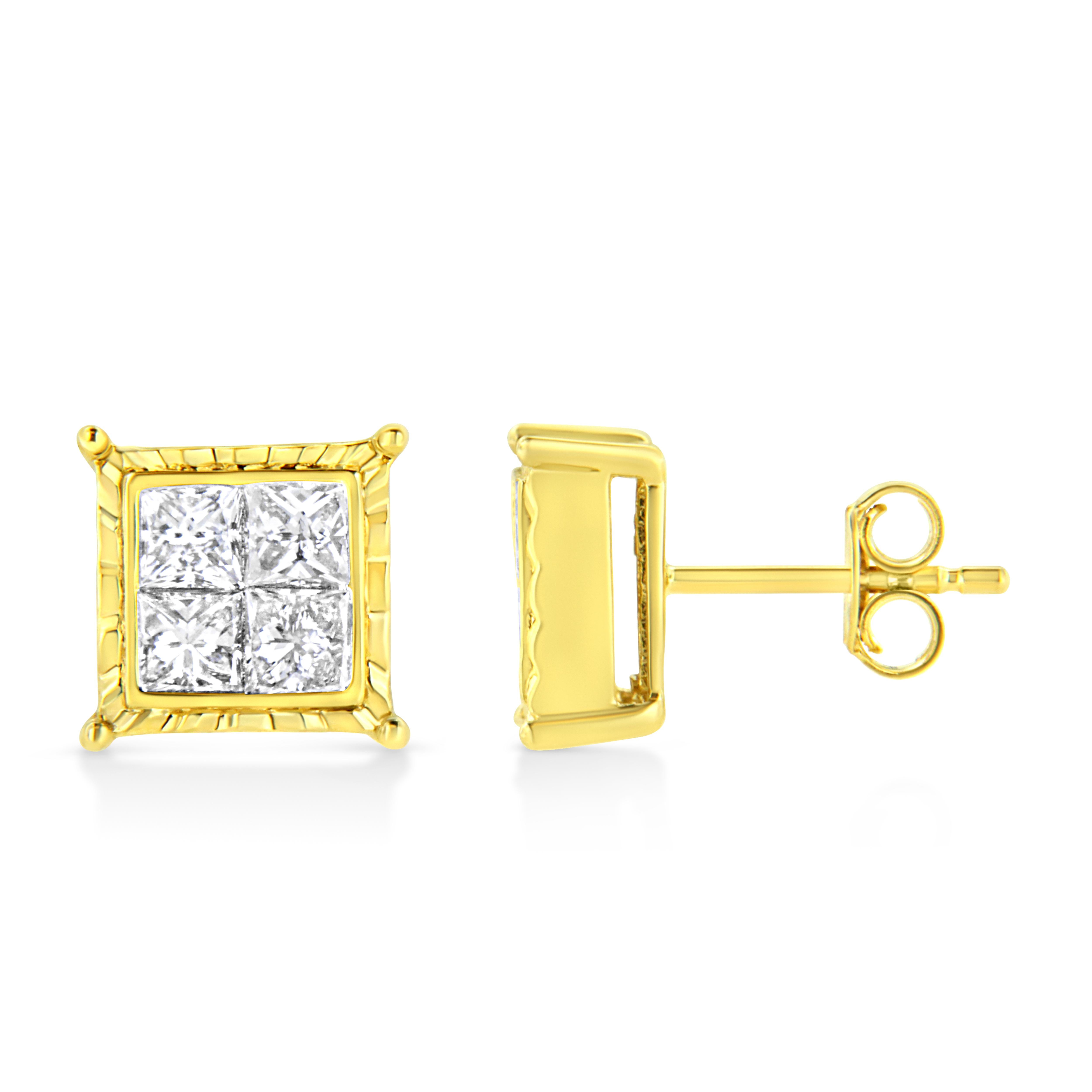 Princess Cut 14K Yellow Gold 1 1/2 Carat Princess-Cut Diamond Composite 8 Stone Stud Earrings For Sale