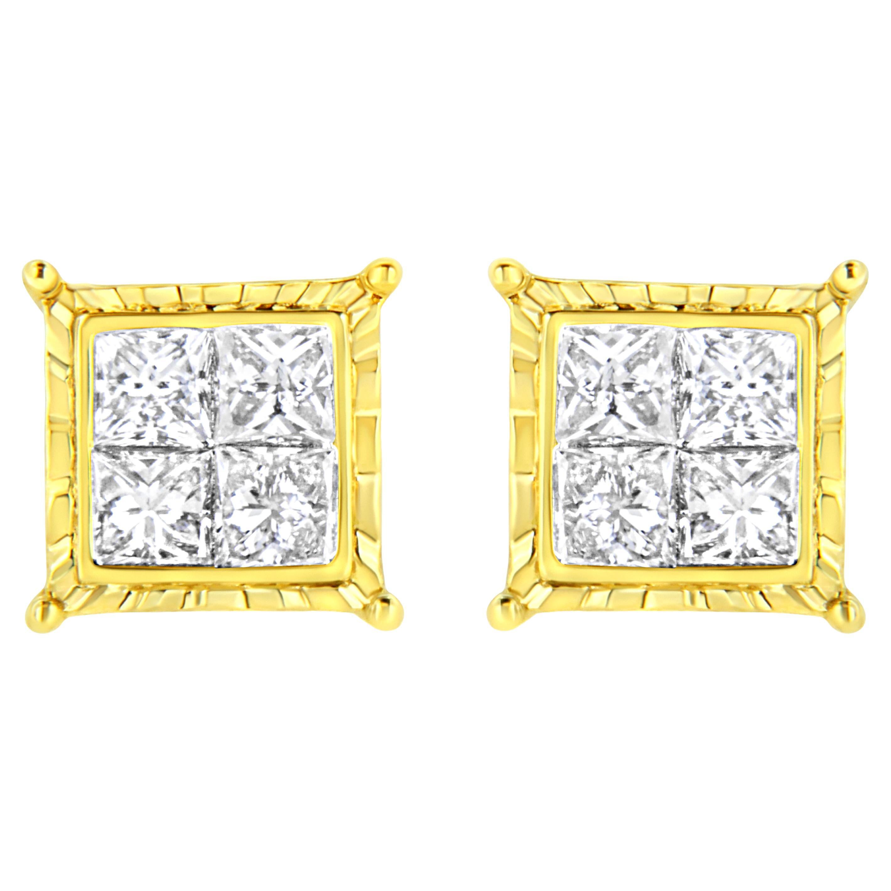 14K Yellow Gold 1 1/2 Carat Princess-Cut Diamond Composite 8 Stone Stud Earrings For Sale