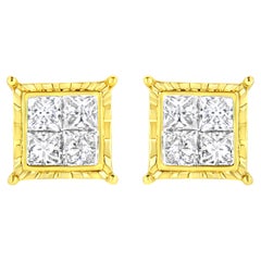 Clous d'oreilles en or jaune 14 carats avec composite de 8 pierres et diamants taille princesse de 1 1/2 carat