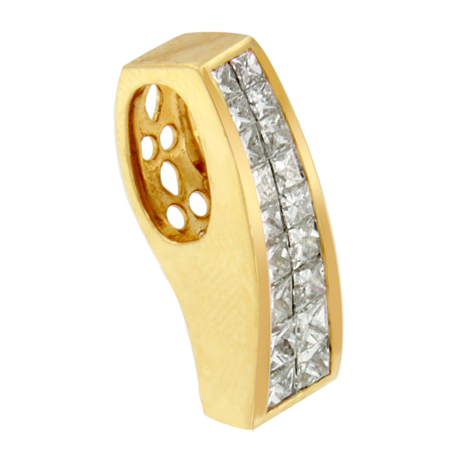 This radiant column-shaped pendant is adorned with 1 1/2 carats of princess cut diamonds for truly brilliant style. Set in 14 karat yellow gold, it's a piece that always gets noticed. This beautiful necklace includes 18” box chain with Spring Ring