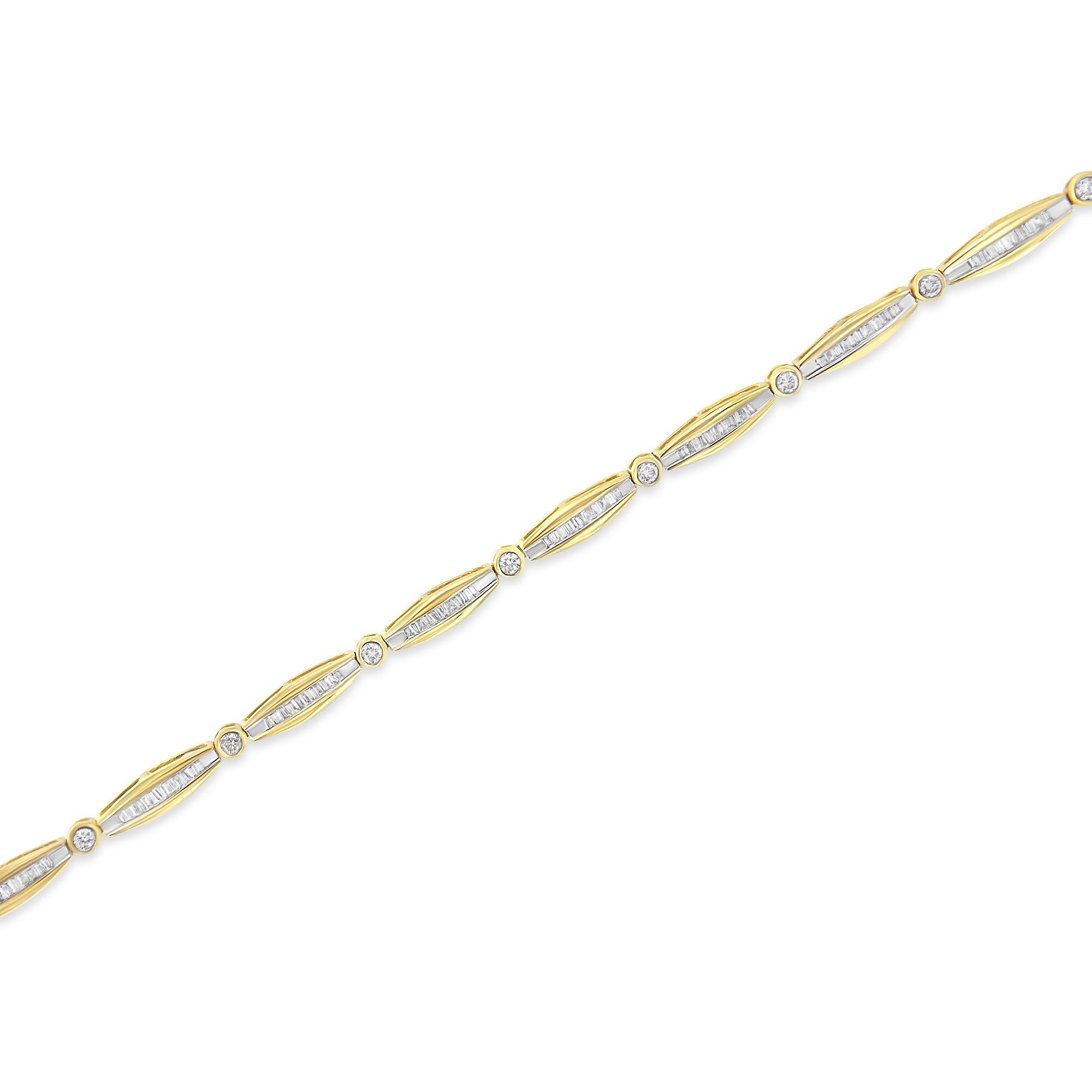 Round Cut 14K Yellow Gold 1-1/2 Carat Round Diamond Bezel and Tapered Link Tennis Bracelet For Sale