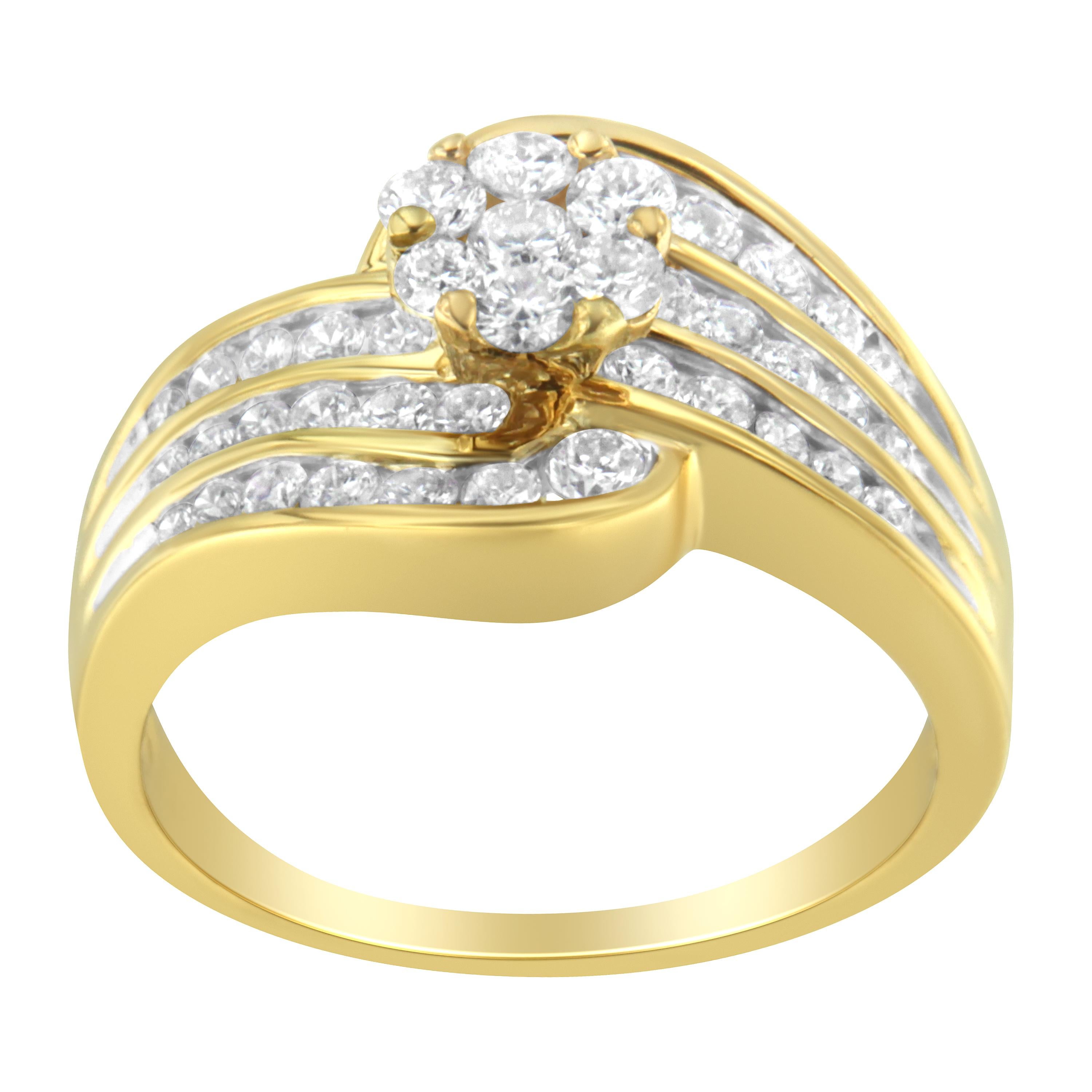 Modern 14K Yellow Gold 1 1/2 Cttw Diamond Cocktail Bypass Ring For Sale