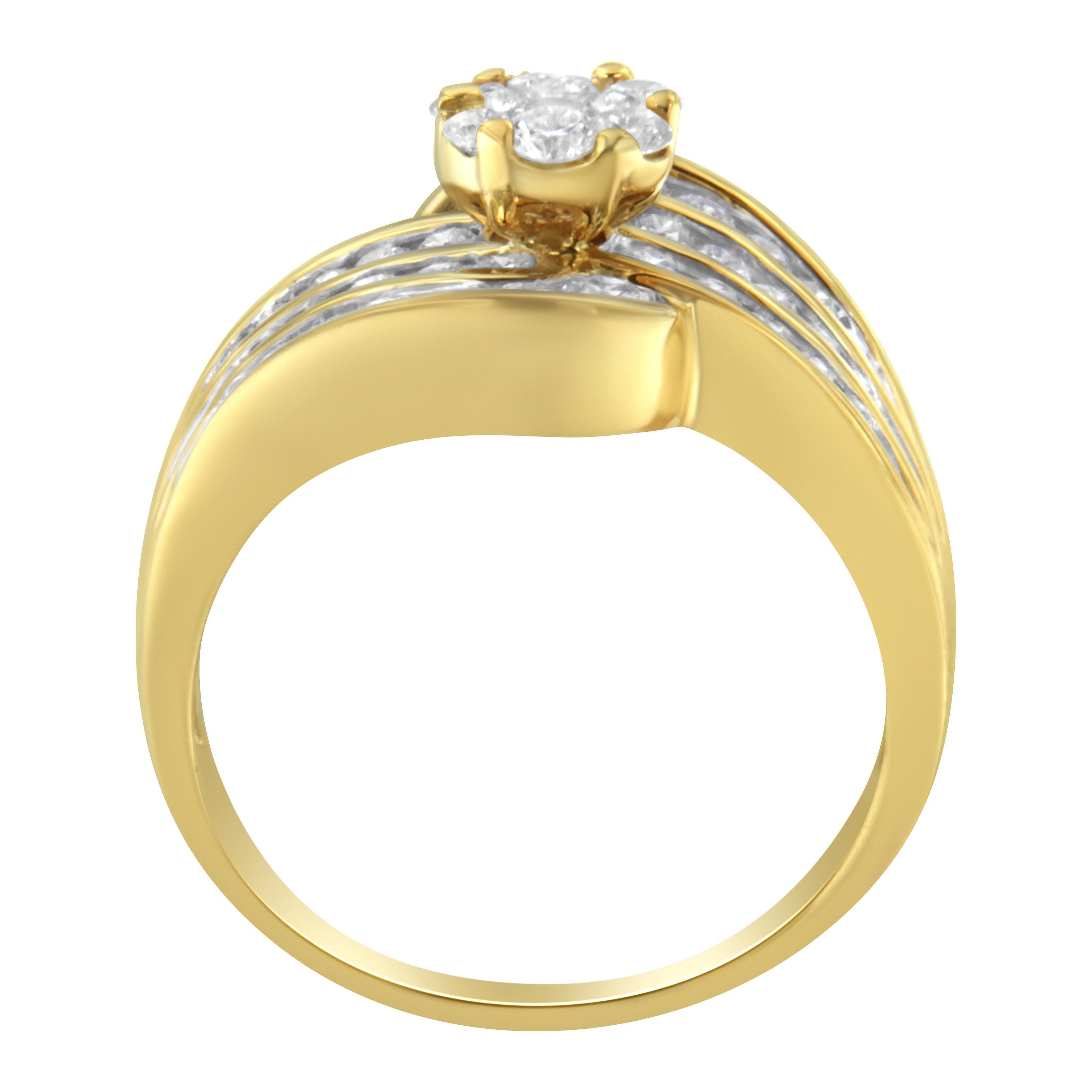 Round Cut 14K Yellow Gold 1 1/2 Cttw Diamond Cocktail Bypass Ring For Sale