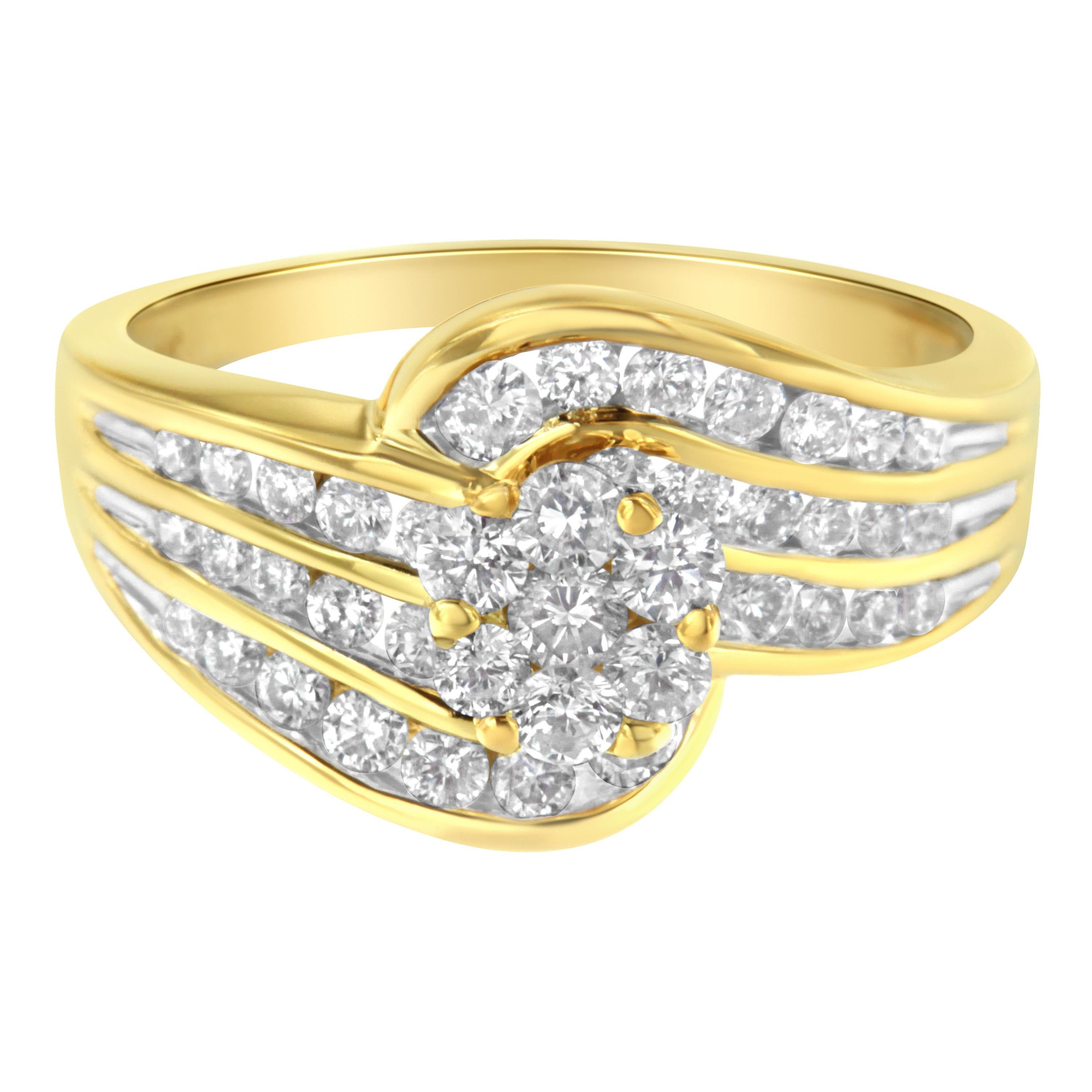 14K Yellow Gold 1 1/2 Cttw Diamond Cocktail Bypass Ring For Sale