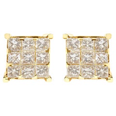 14K Yellow Gold 1 1/2 Cttw Princess-Cut Diamond 9 Stone Square Stud Earrings