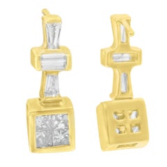 14K Yellow Gold 1 1/3 Carat Baguette and Princess-cut Diamond Hoop Earrings