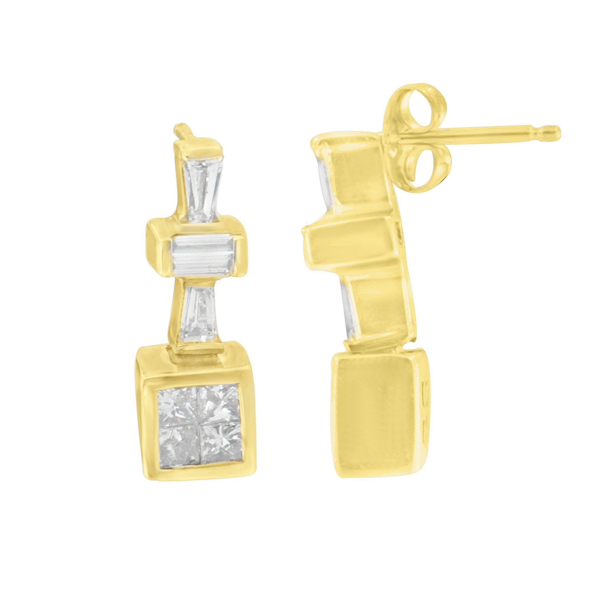 Princess Cut 14K Yellow Gold 1 1/3 Carat Baguette and Princess-cut Diamond Hoop Earrings For Sale