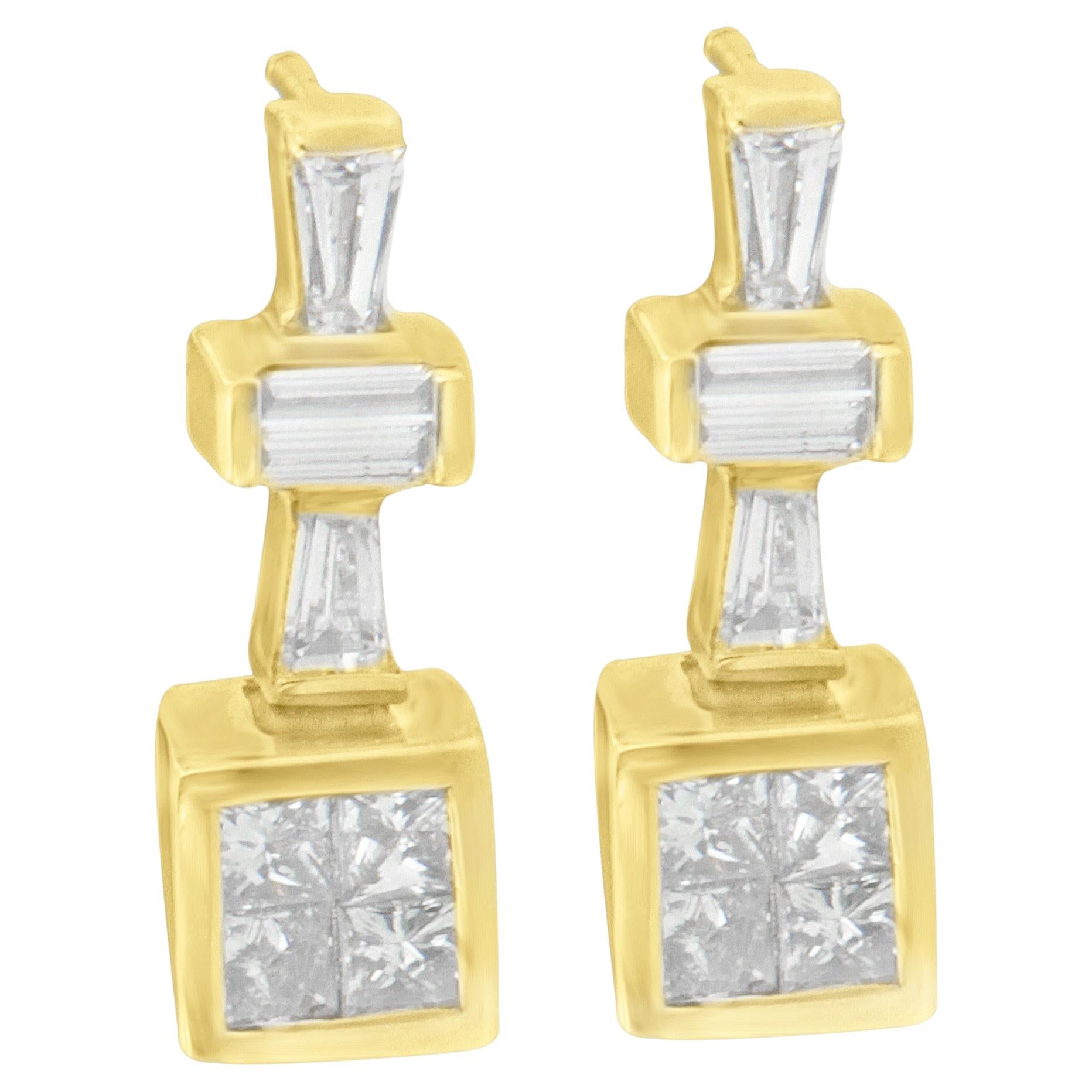 14K Yellow Gold 1 1/3 Carat Baguette and Princess-cut Diamond Hoop Earrings For Sale
